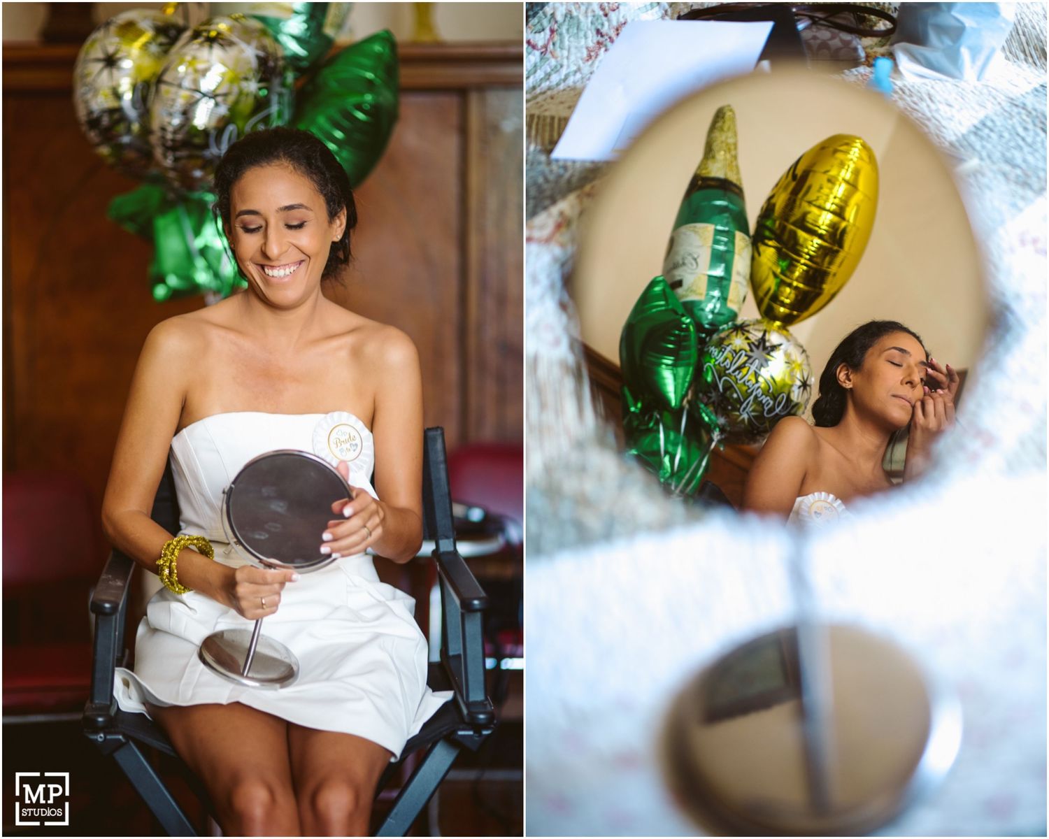 Metallic balloons float in a mirror reflection during wedding preparations.
