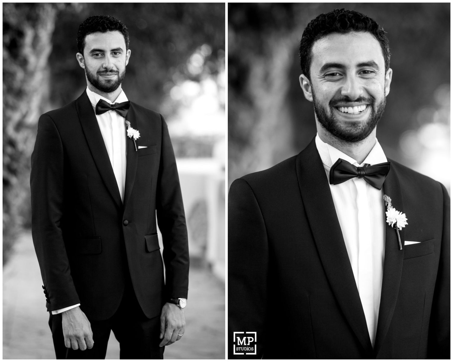 Classic black and white portraits of groom in tuxedo with boutonniere.