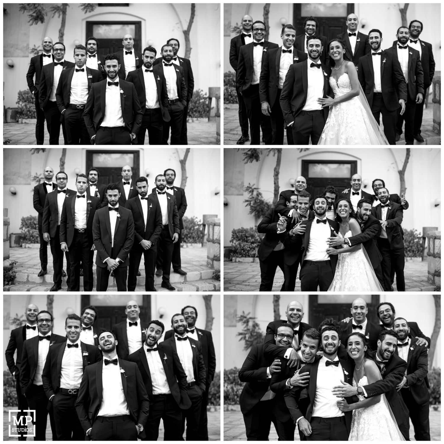 Black and white photo collage showing groomsmen in tuxedos posing together at a wedding celebration.