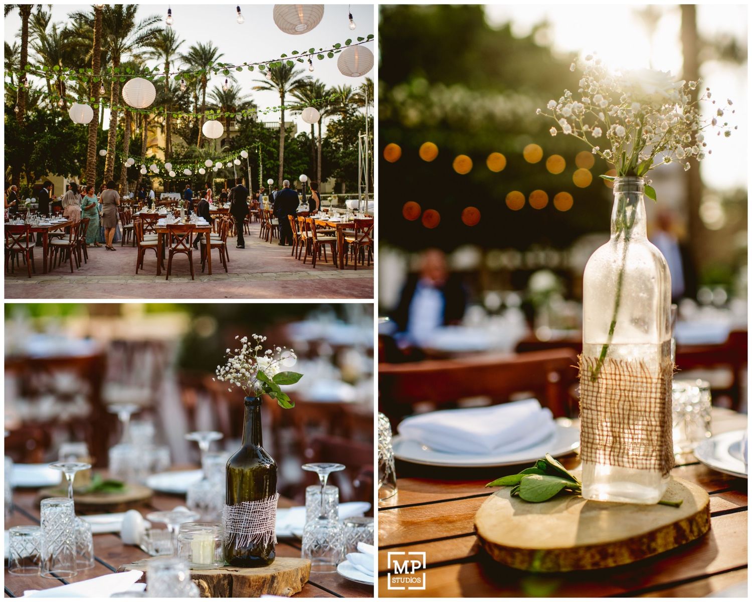 Outdoor wedding reception setup with string lights, palm trees, and rustic table decorations.