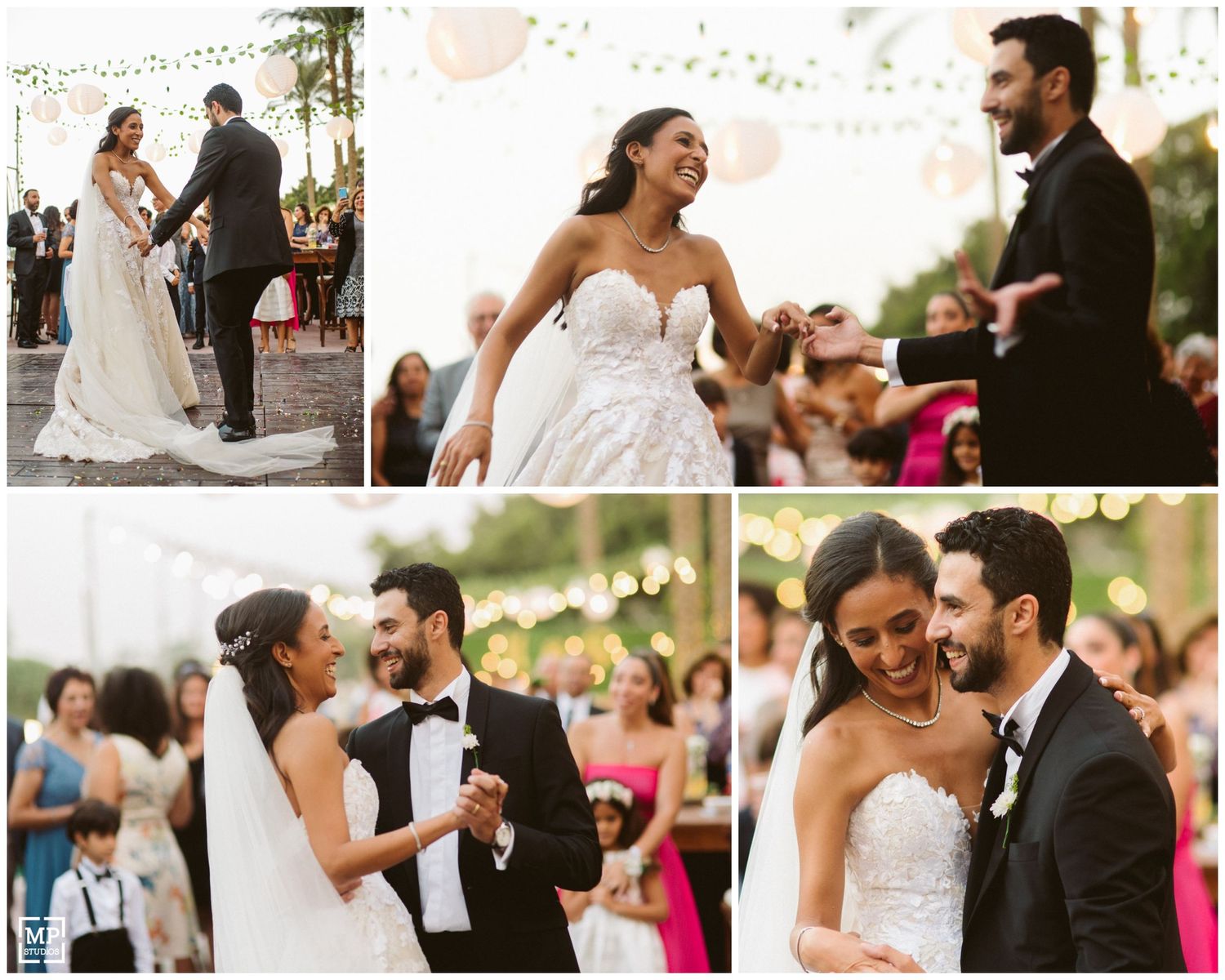 Series of candid moments from an outdoor wedding celebration.