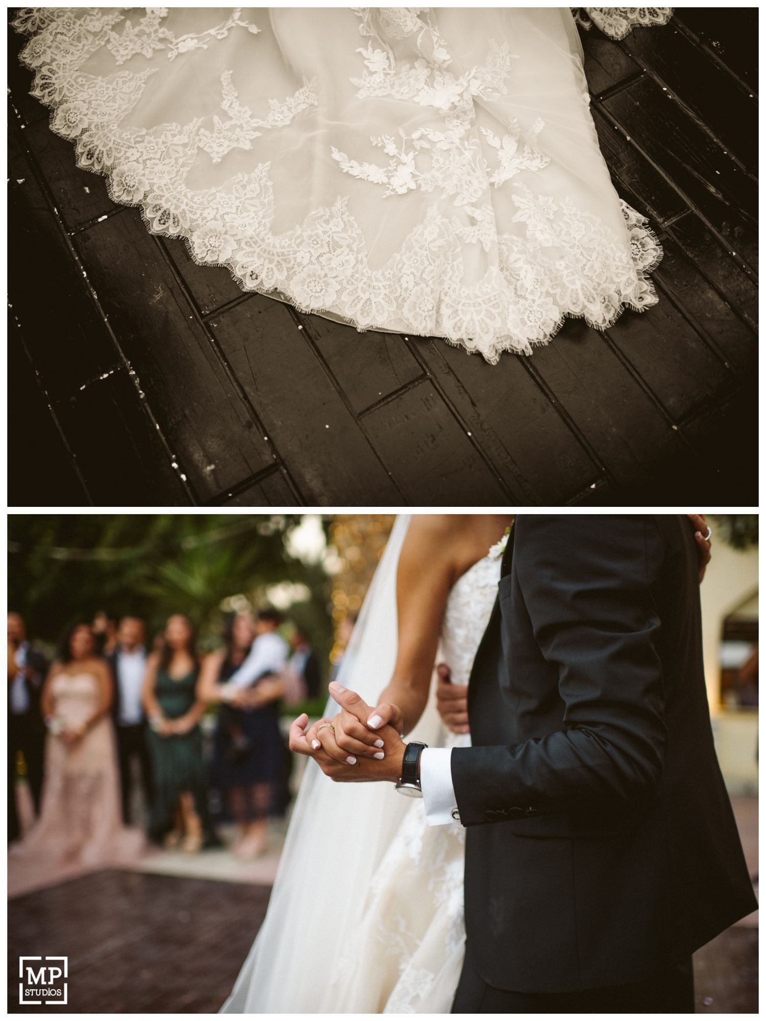 Detail shots of lace wedding dress and couple holding hands during ceremony.