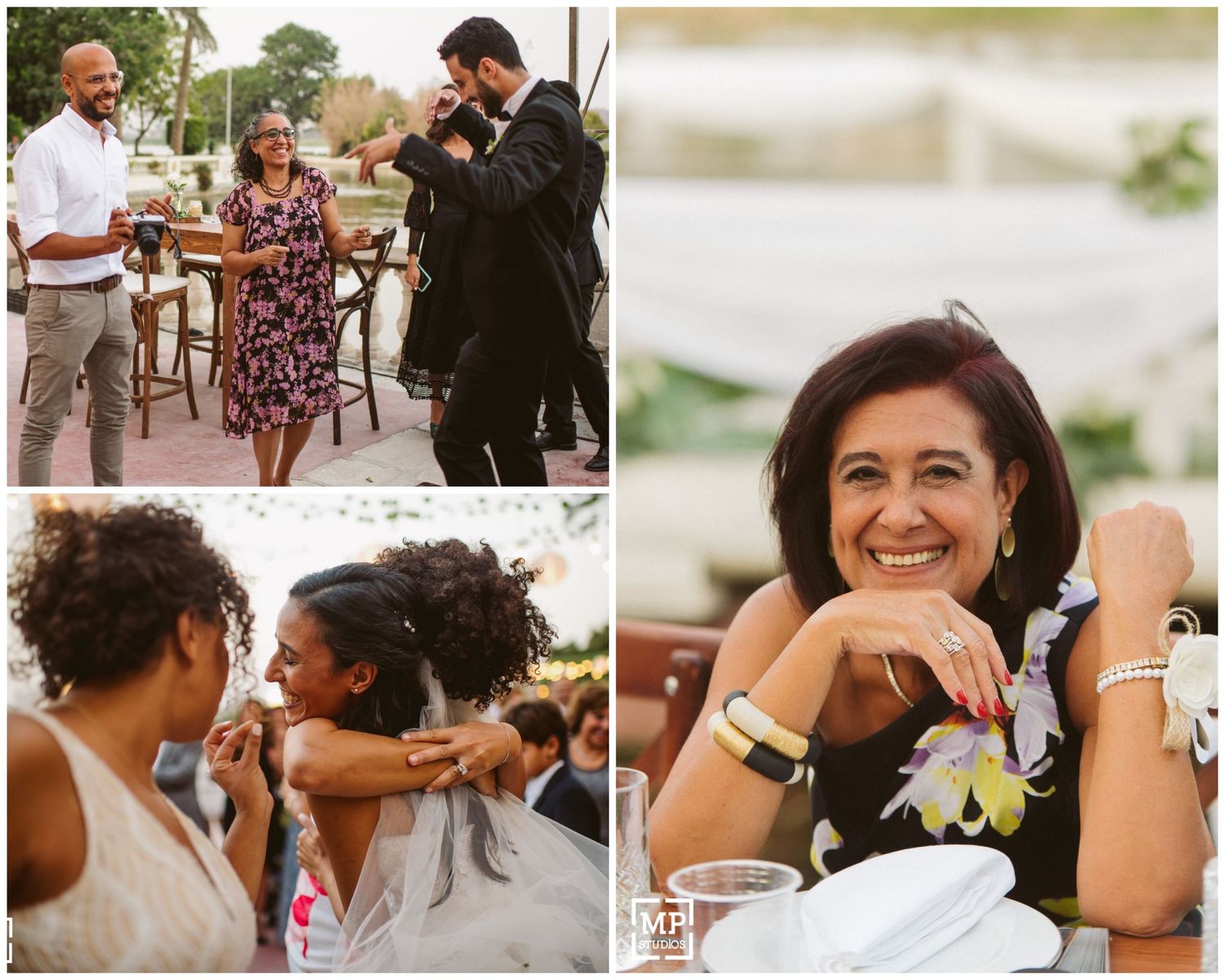 Joyful wedding reception moments captured in three candid photographs showing dancing and celebration.