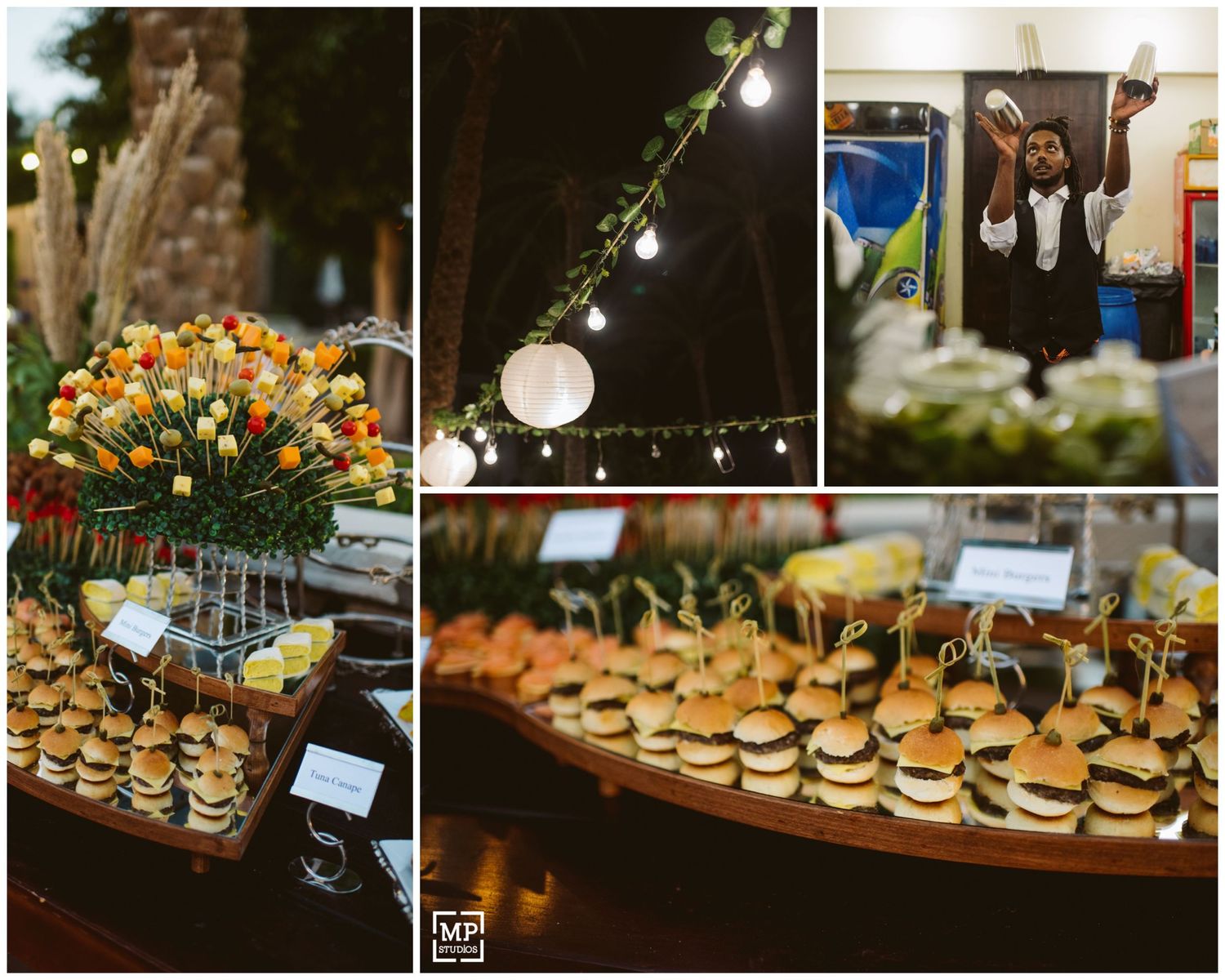 Wedding reception details featuring floral centerpieces, string lights, and a buffet of mini burgers.