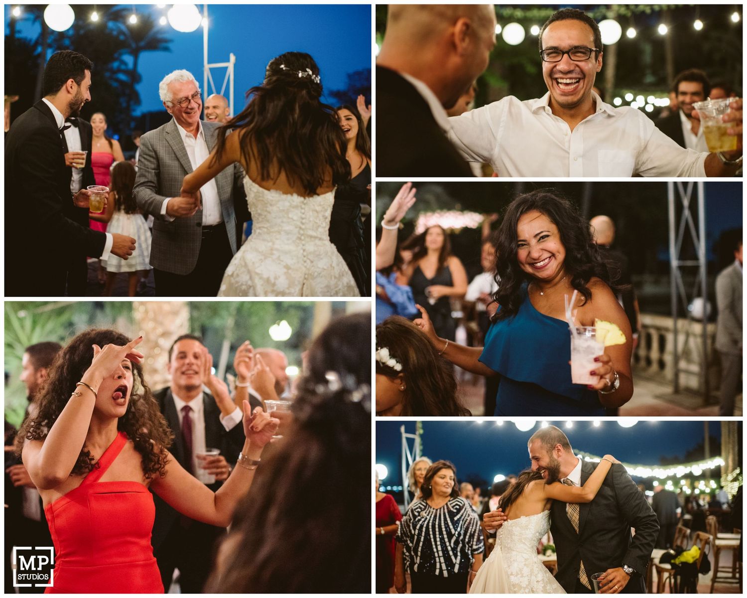 Candid moments of wedding guests dancing and celebrating at an evening reception.
