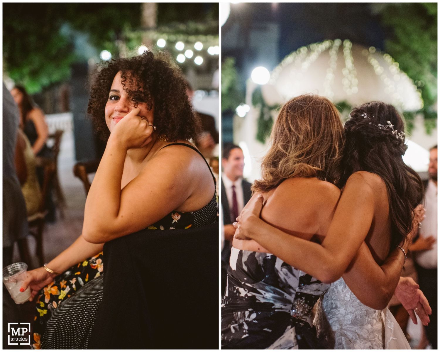 Candid emotional moments captured at an outdoor evening celebration with festive lighting.