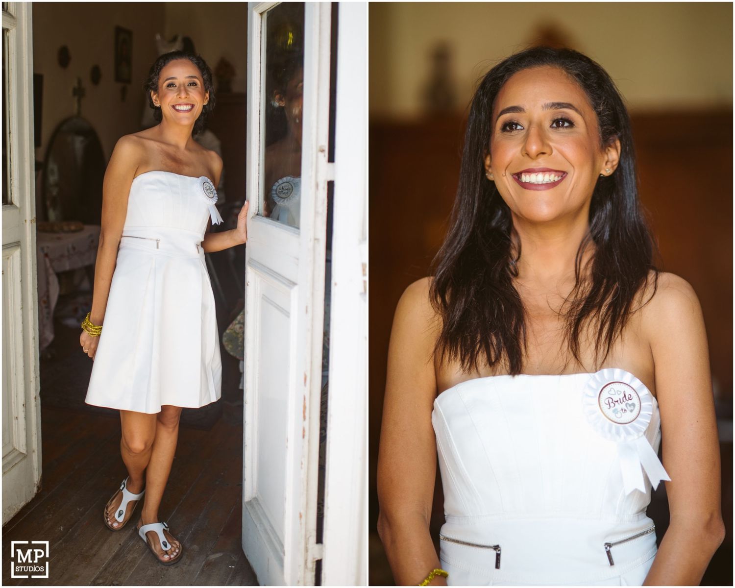 Getting ready for a wedding in a white strapless dress and casual sandals.
