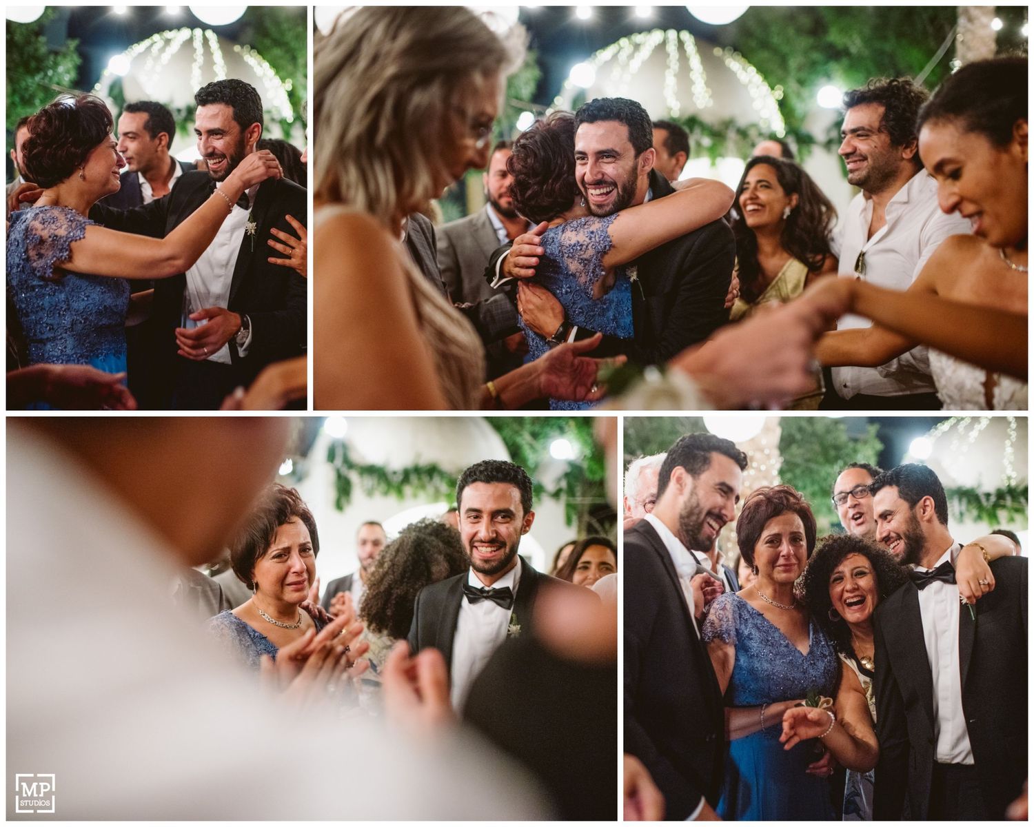 Candid moments of celebration and laughter shared among wedding guests at an outdoor reception.