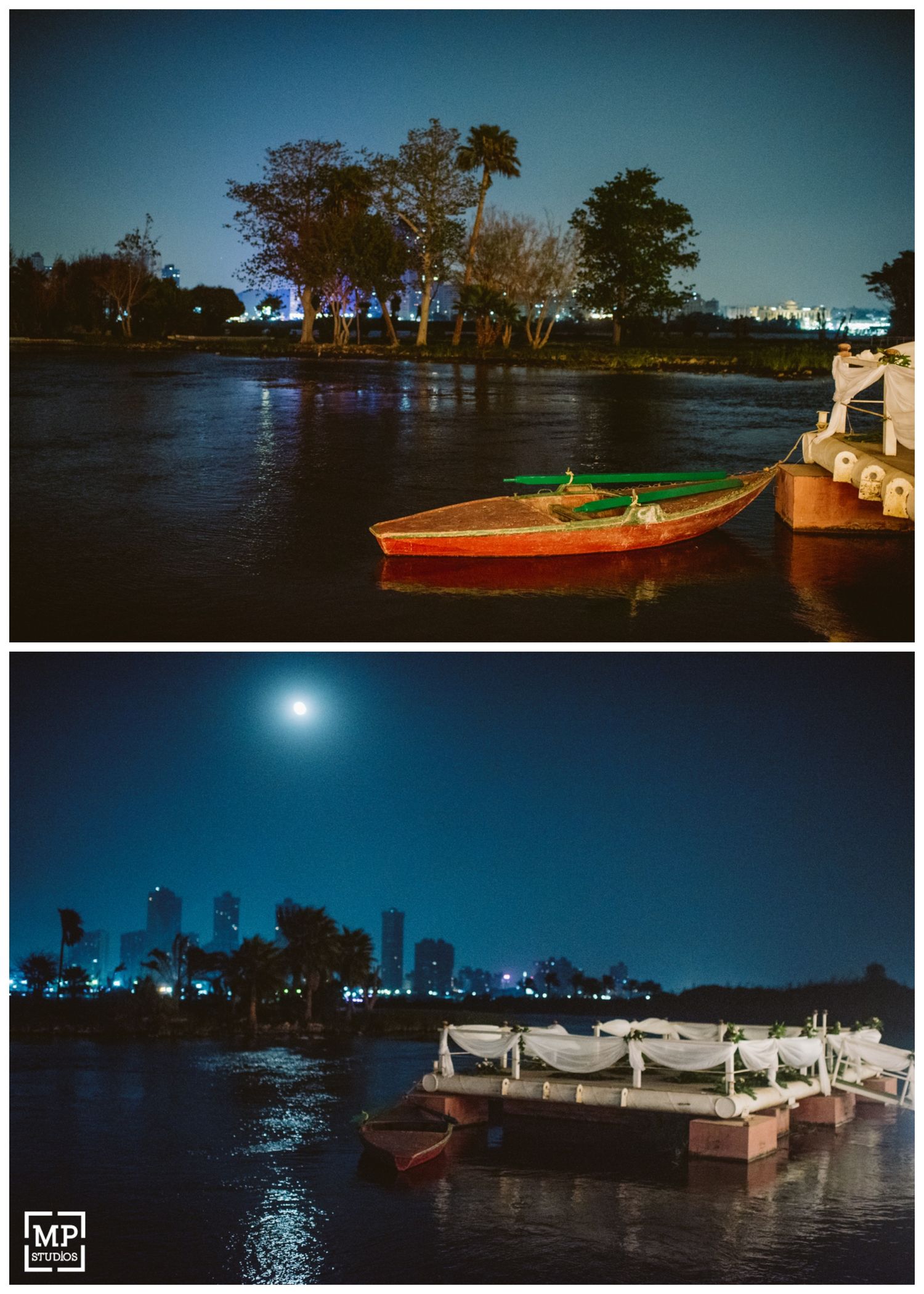 Nighttime waterfront scene with illuminated boats and city skyline reflecting on dark water.