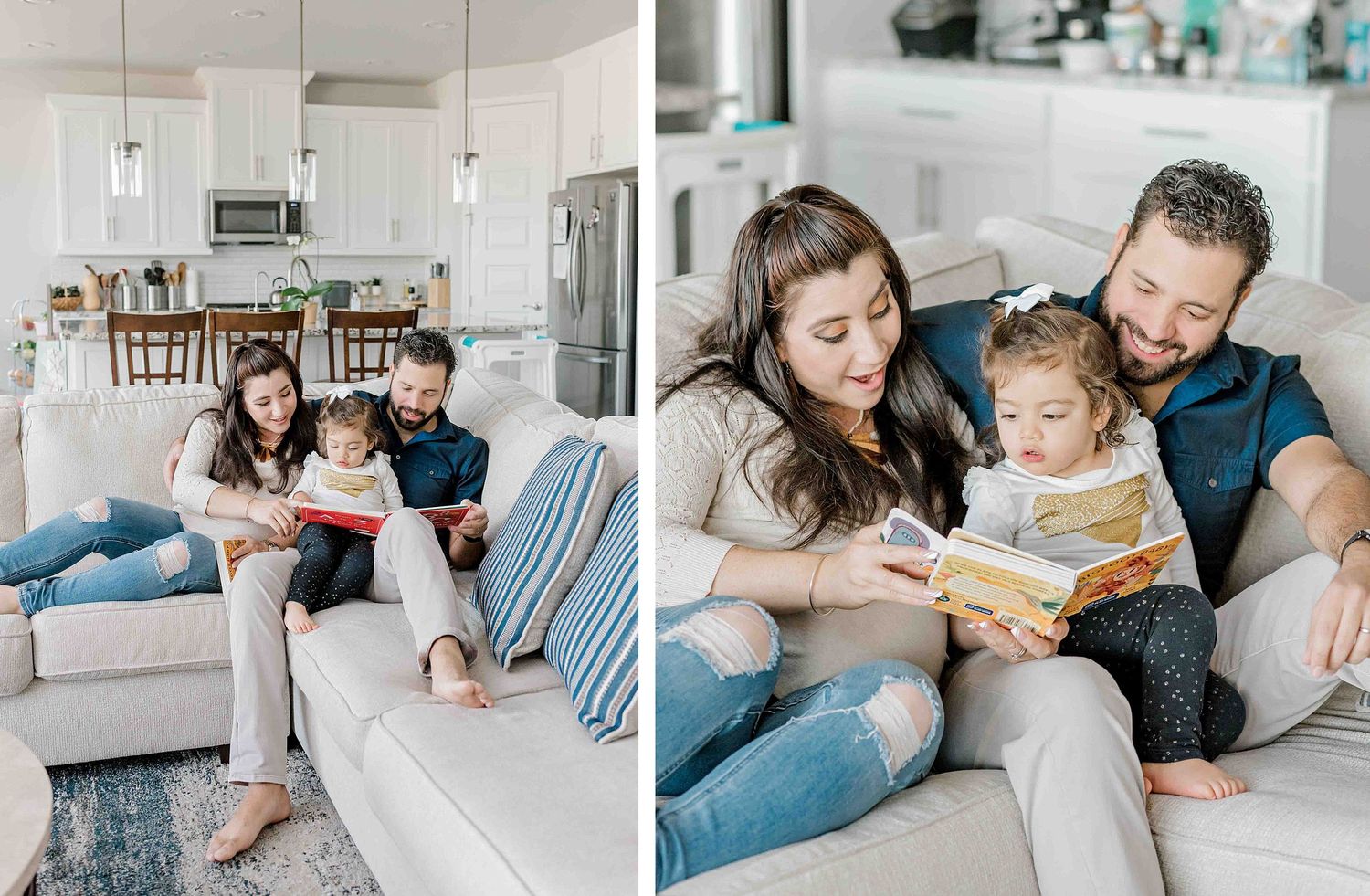 A family reading together and spending quality time in their modern white kitchen and living space.