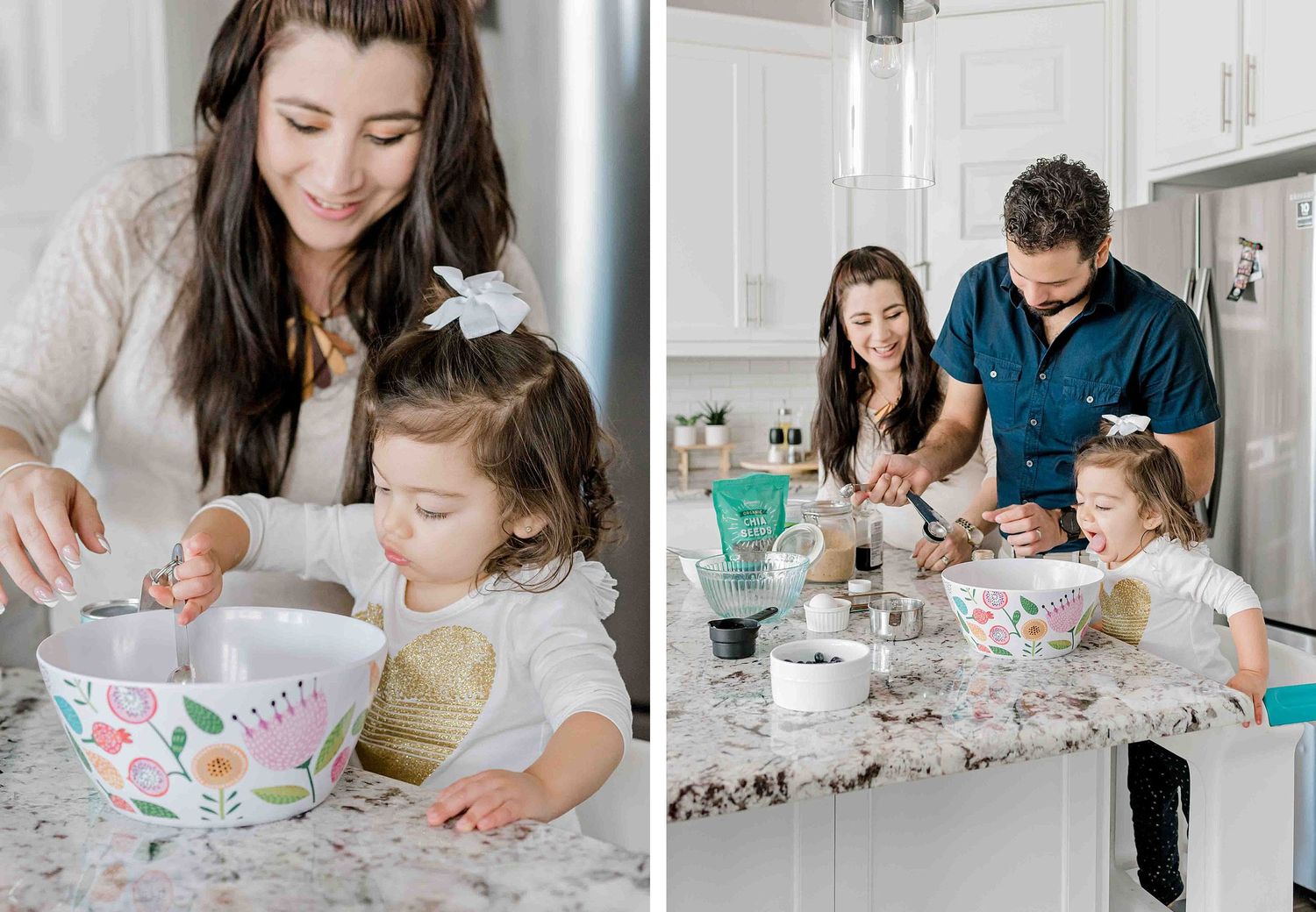 Side-by-side photos of a family baking together in their modern kitchen.