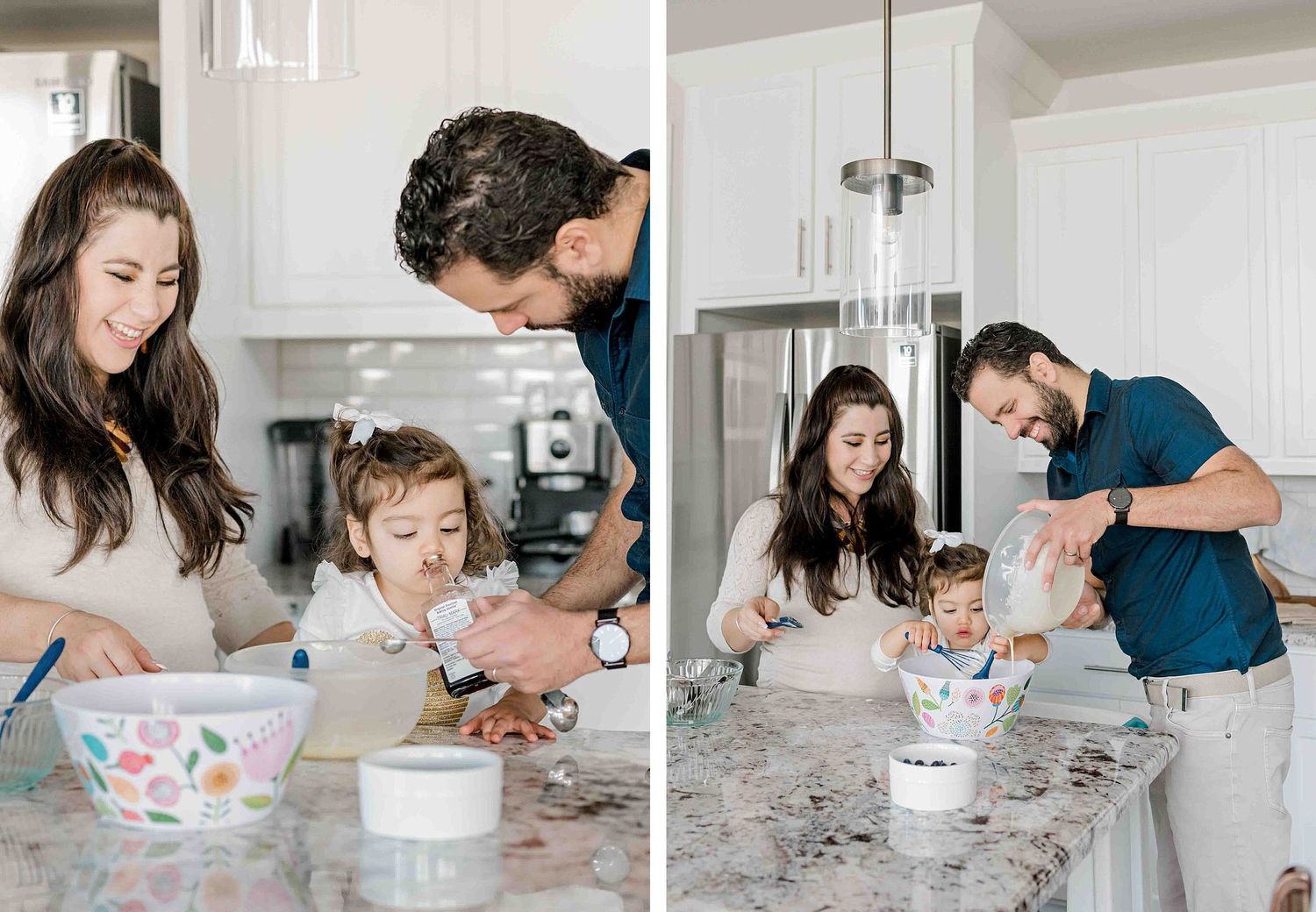 A family cooking scene in a modern kitchen featuring baking activities at a marble countertop.