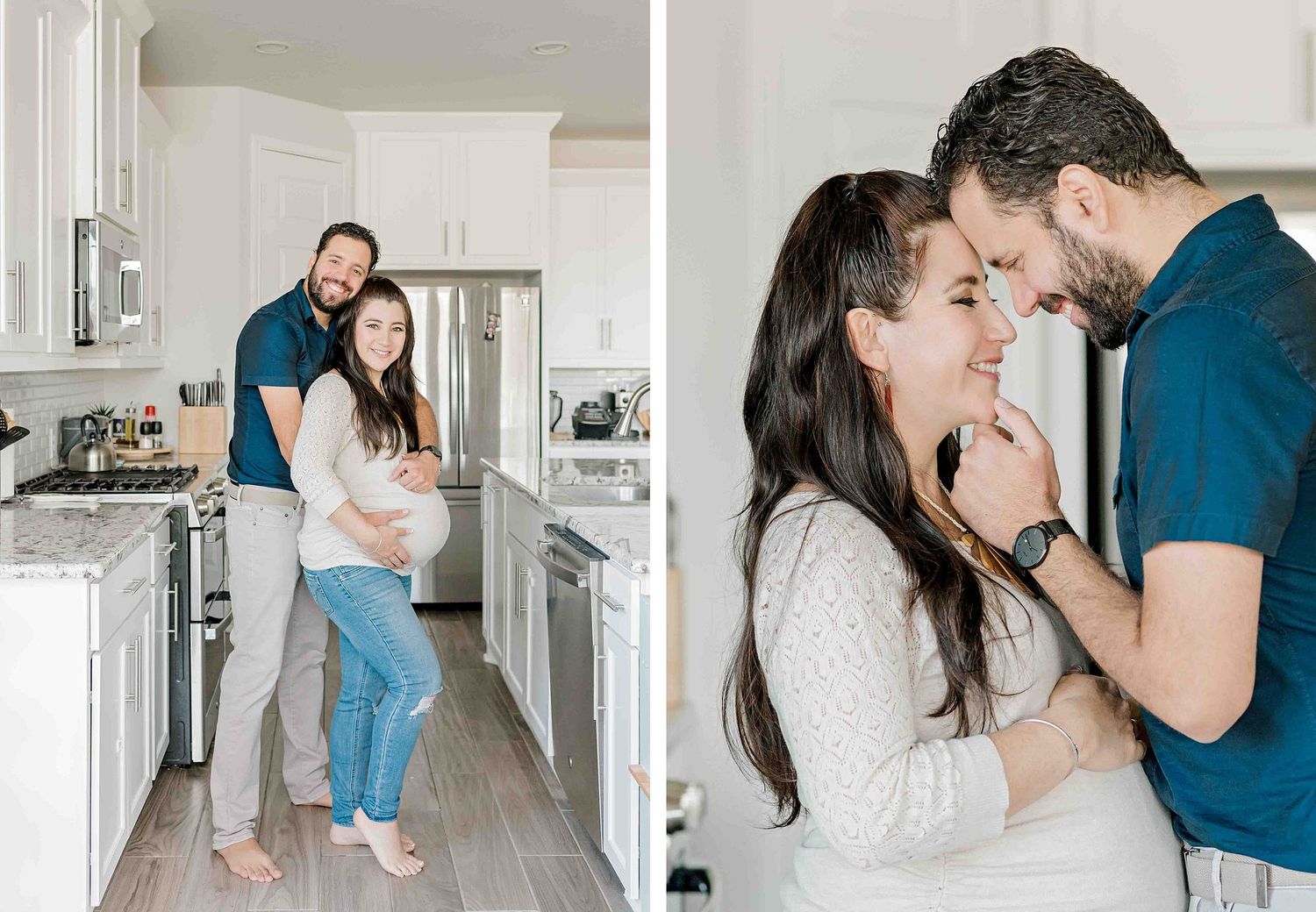 An intimate couple's photoshoot showing tender moments in a bright modern kitchen.