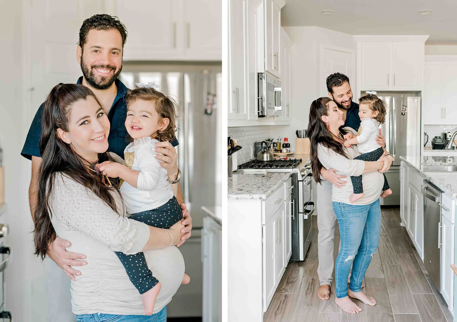 Sweet family moments captured in a modern kitchen with natural lighting.