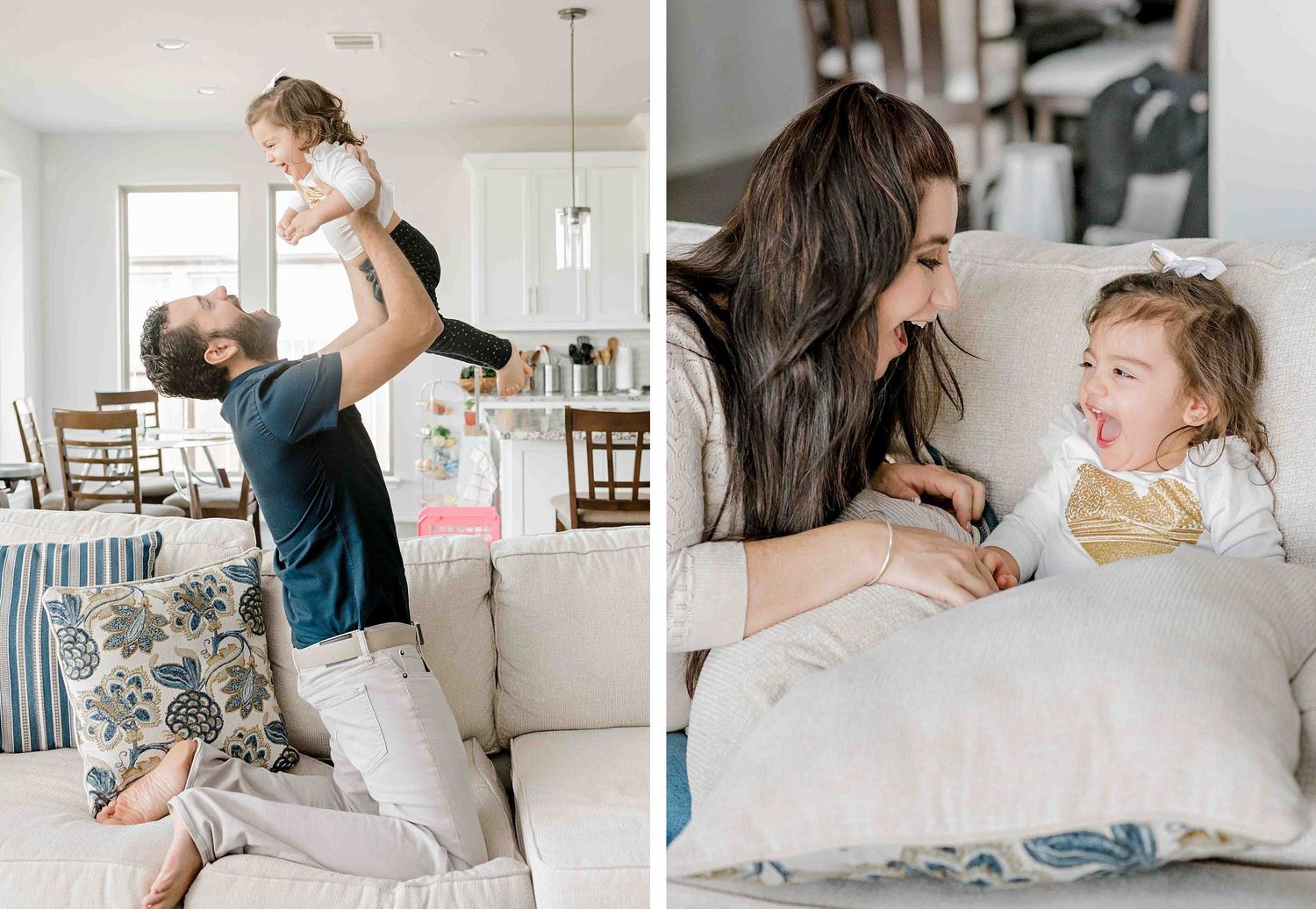 A military servicemember in camouflage uniform plays with a toddler in a bright modern kitchen setting.