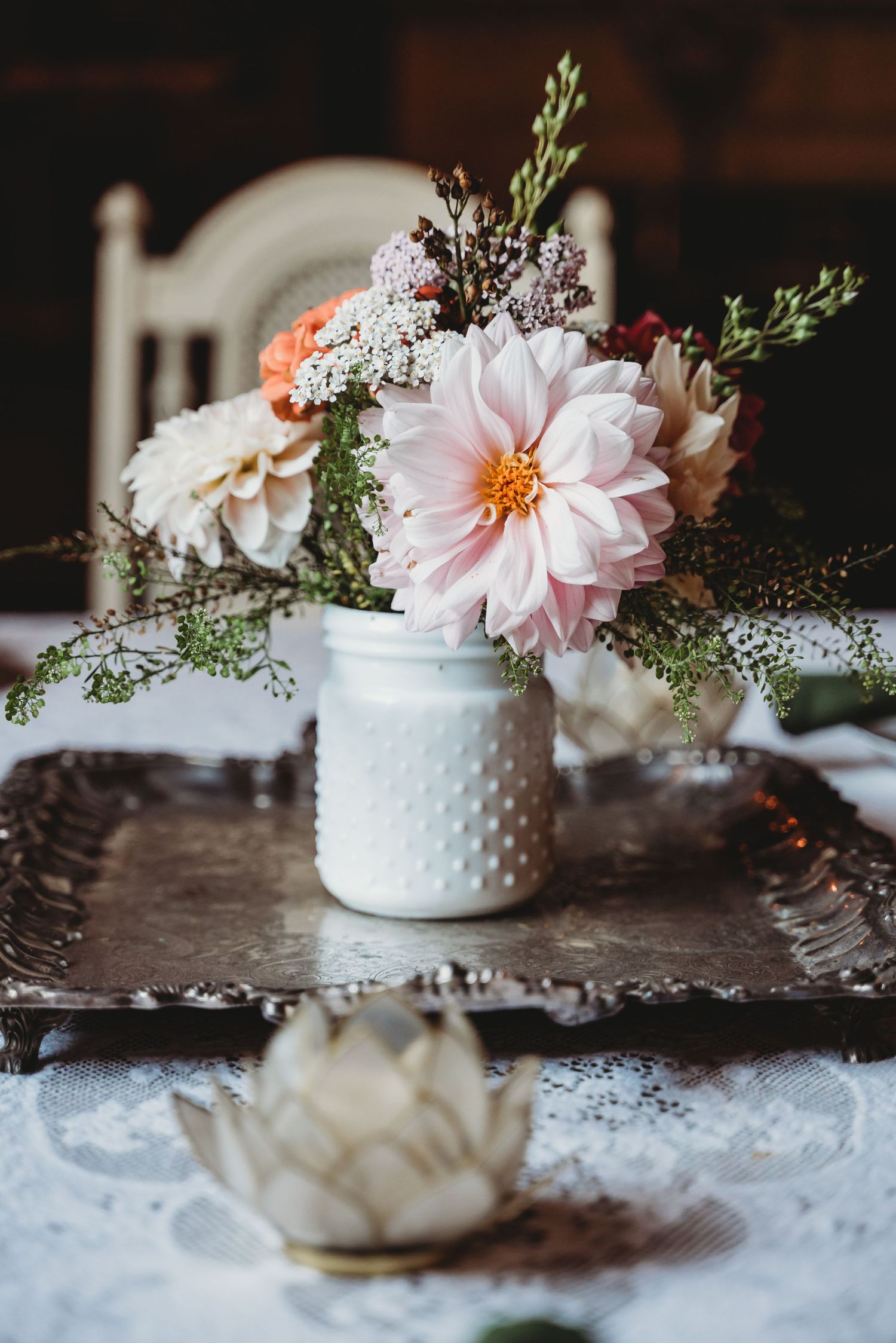 beautiful flower centerpiece at barnstar events wedding venue in whatcom county