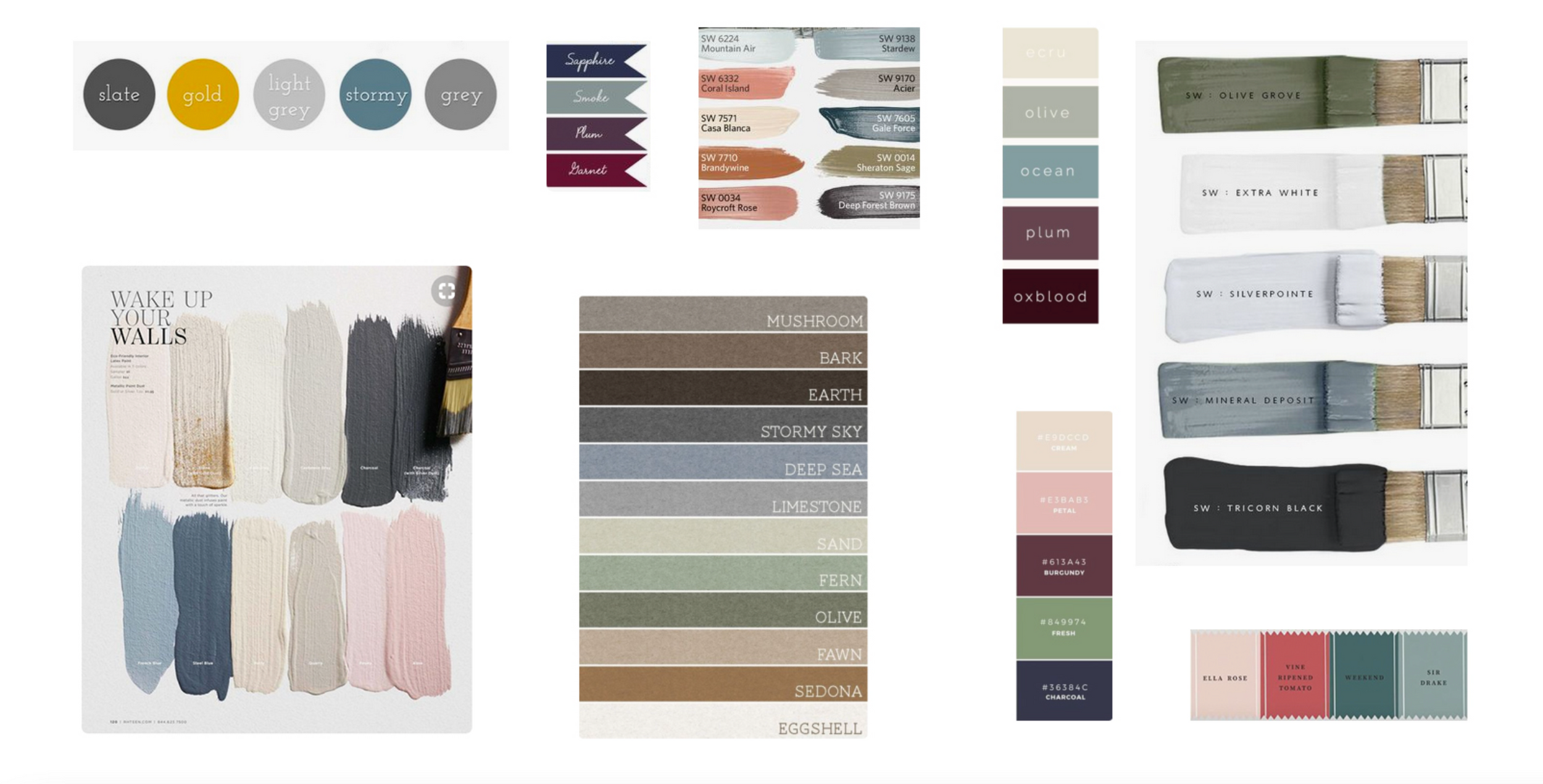 Color palette and material swatches showing muted earth tones, pastels, and textures for interior design.