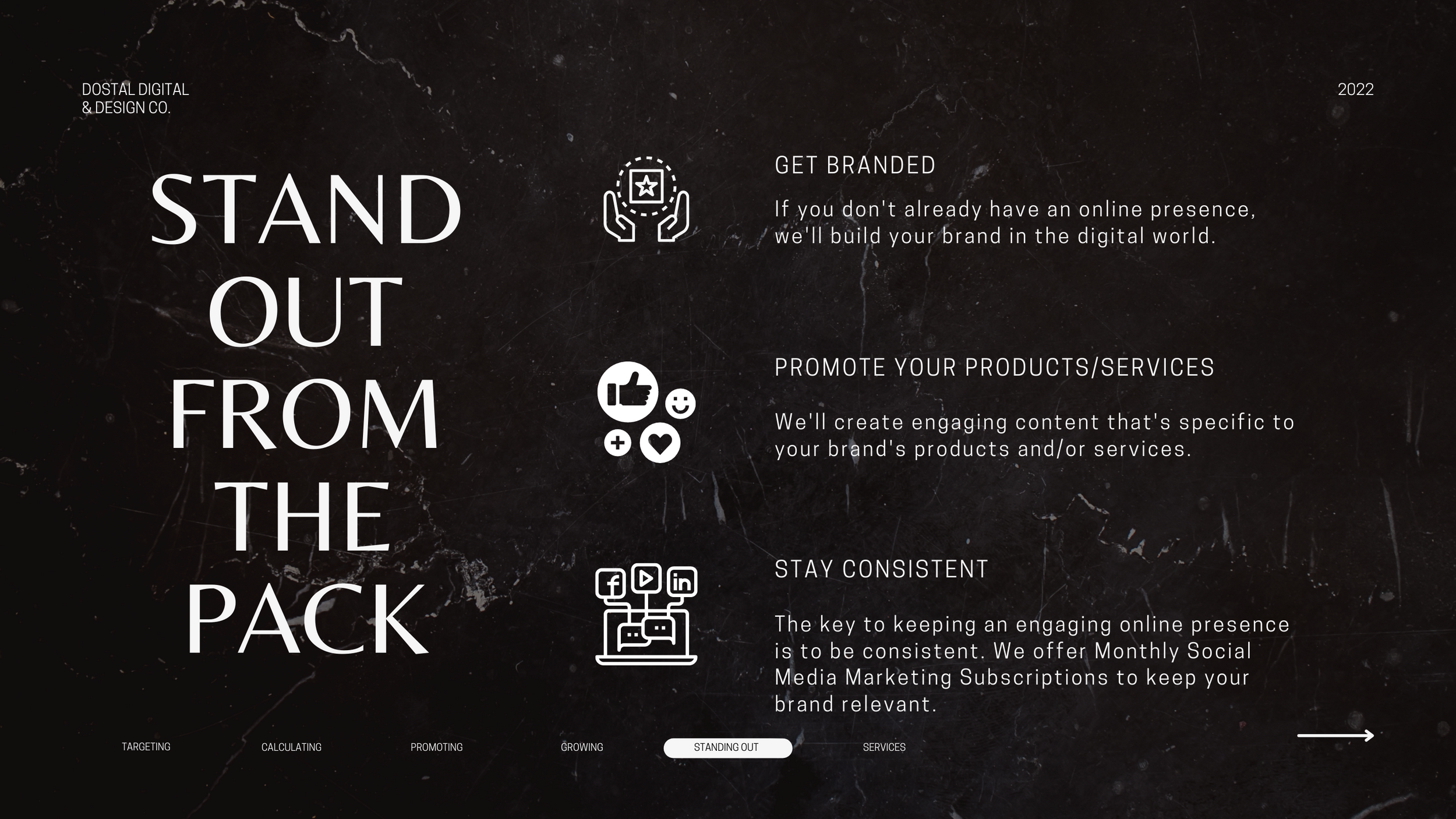 Business strategy slide titled 'Stand Out From The Pack' with three key points and icons.