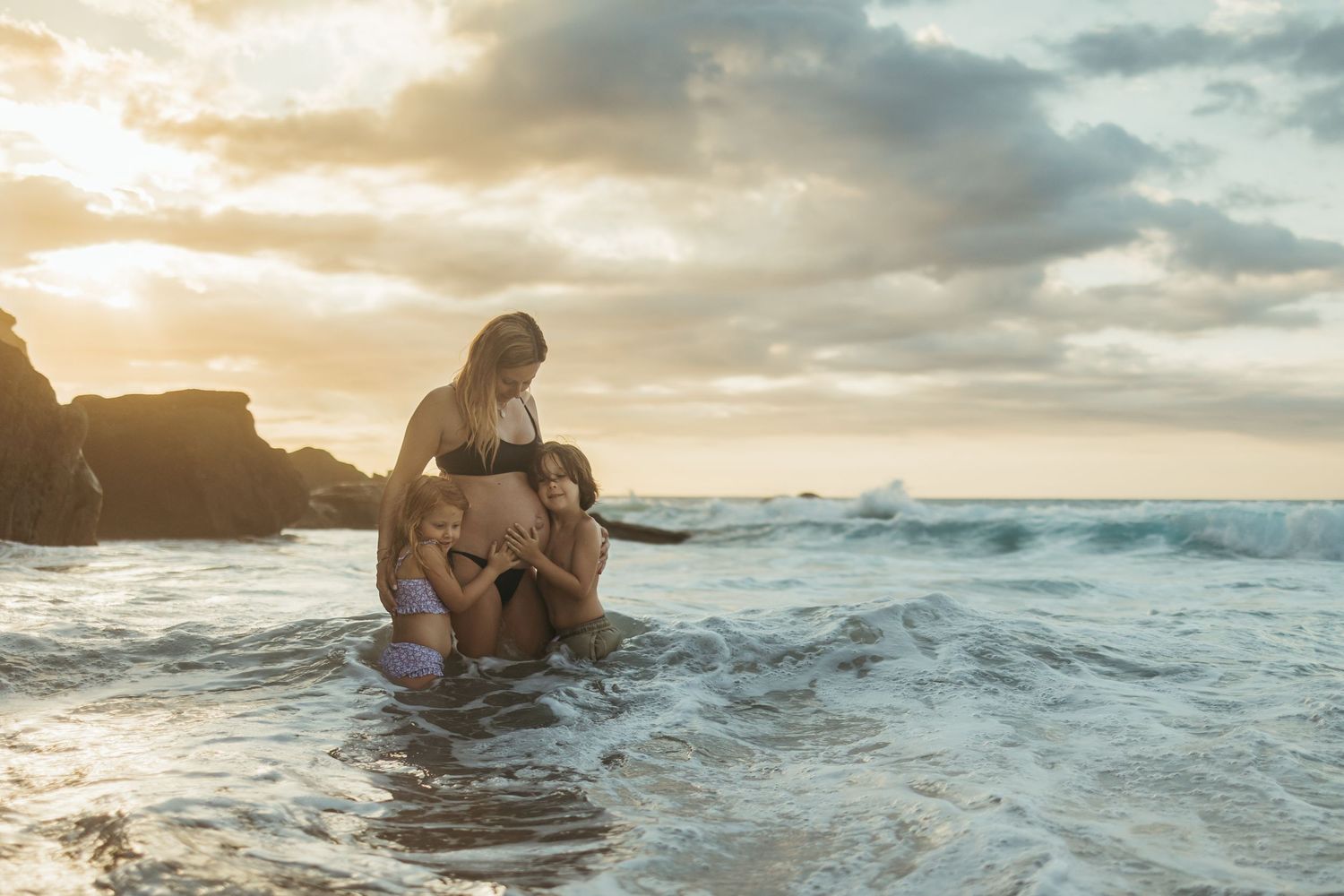 Family mum kids Maternity Photoshoot at sunset on the beach, Lake Macquarie, Newcastle, Hunter Valley, New South Wales