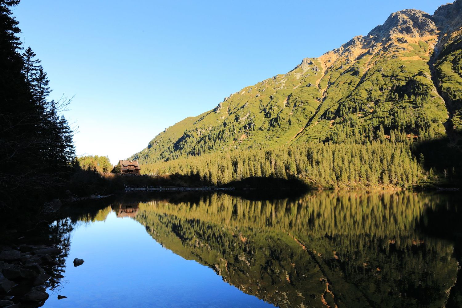 Mountain lake reflecting evergreen forest and rocky peaks under clear blue sky.