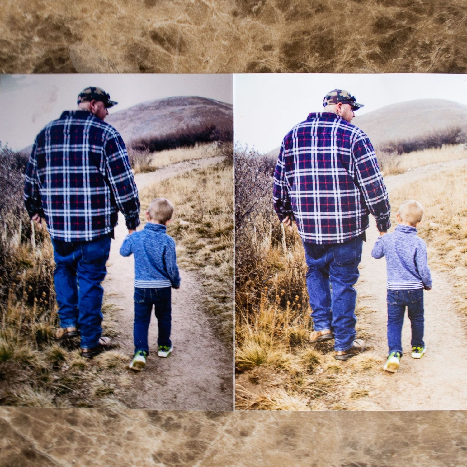 An image of two photography prints of a father and son walking away from the camera side by side to compare quality.