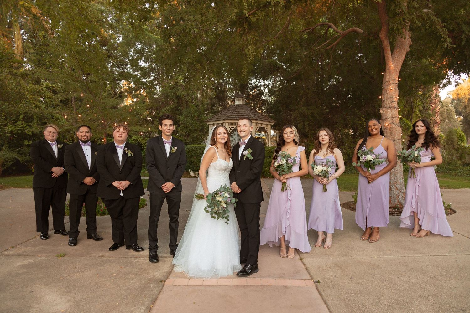 Wedding party in formal attire poses outdoors with bridesmaids in lilac dresses and groomsmen in dark suits.