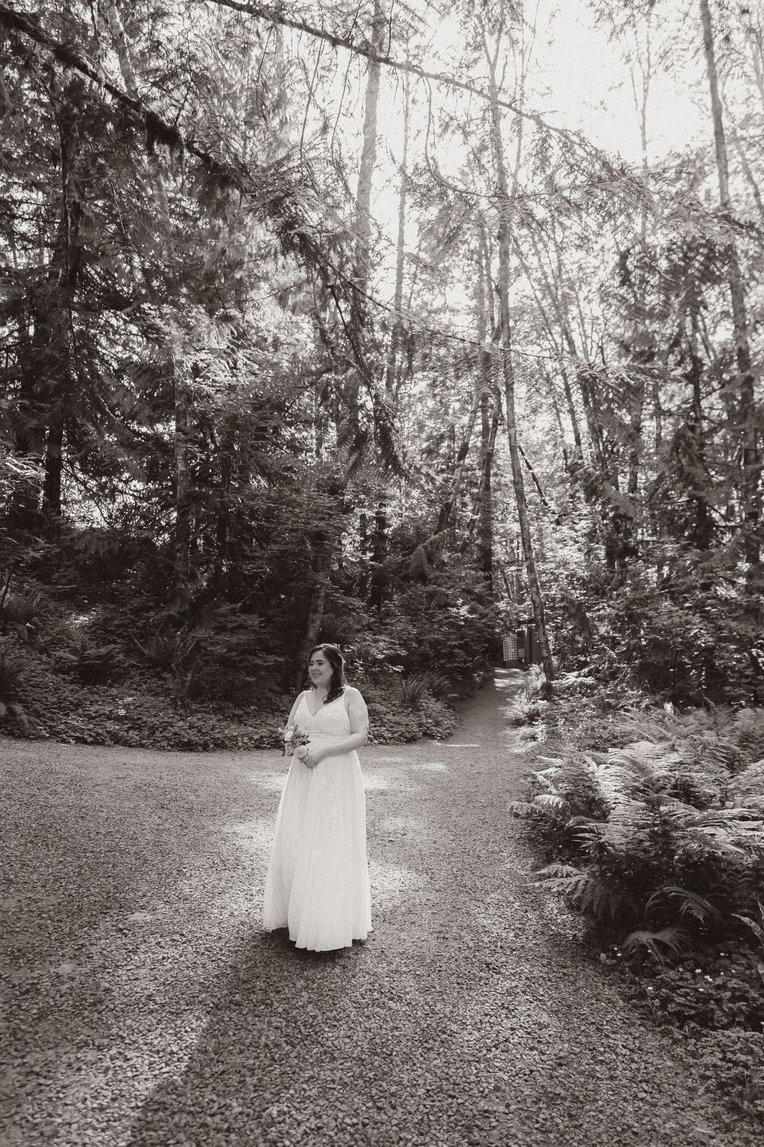 A black and white photo of a bride standing on a forest path surrounded by ferns and tall trees.