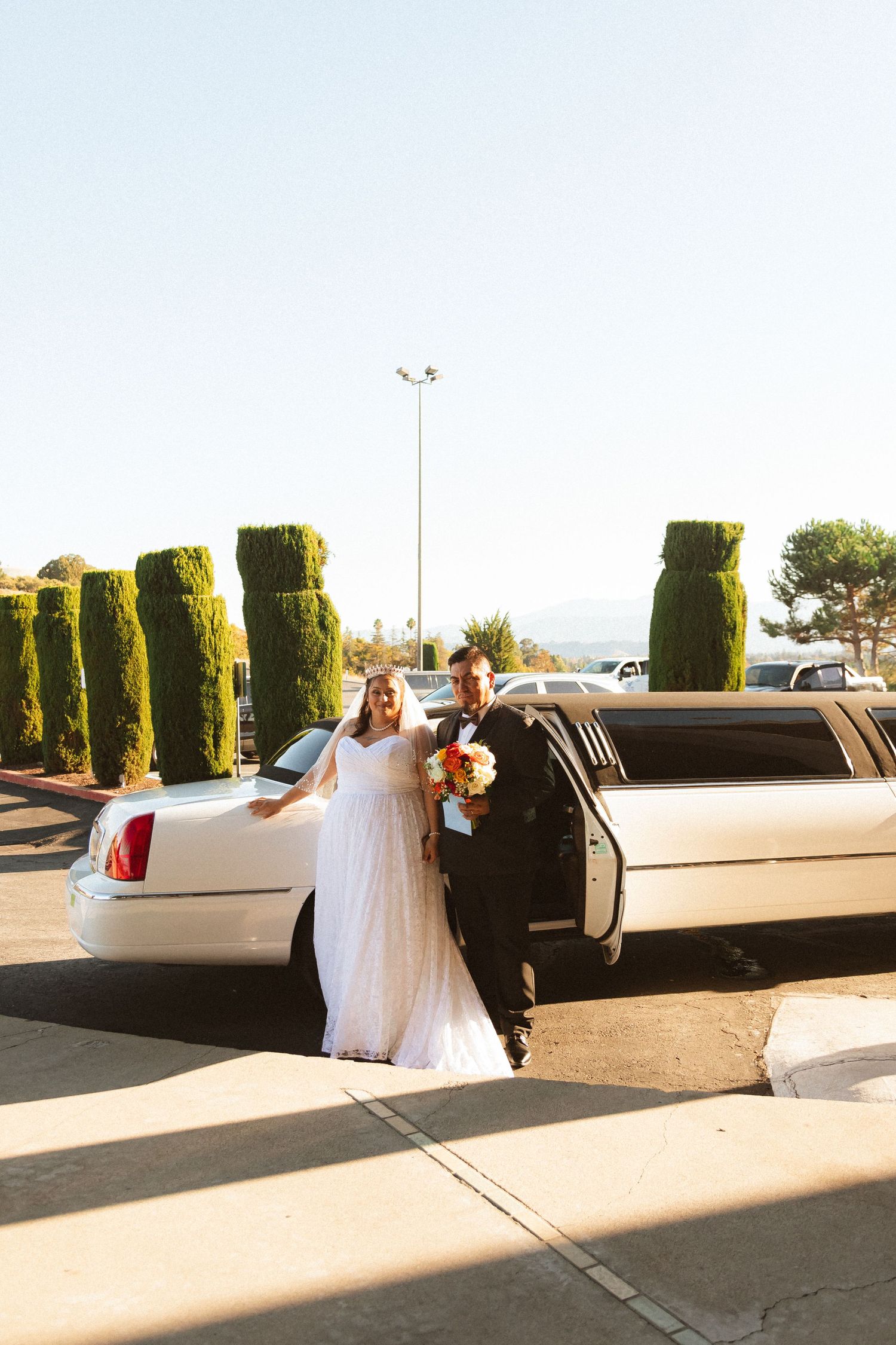 Newlyweds standing beside a white stretch limousine with sunlit topiary in the background.