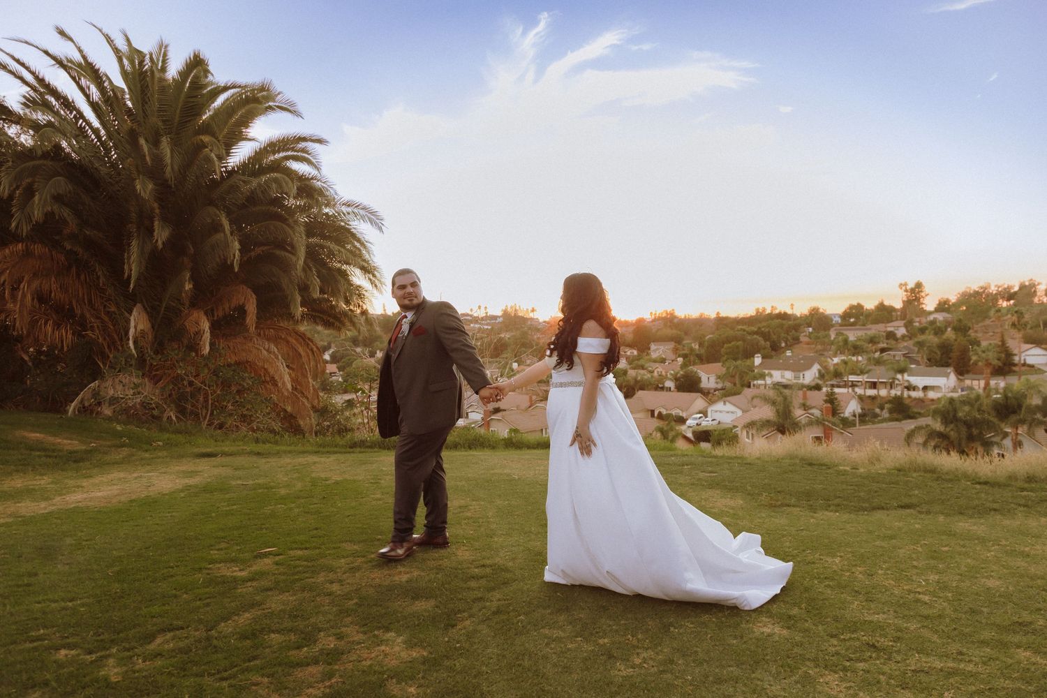 Wedding couple standing apart on green hillside with palm tree and sunset backdrop.