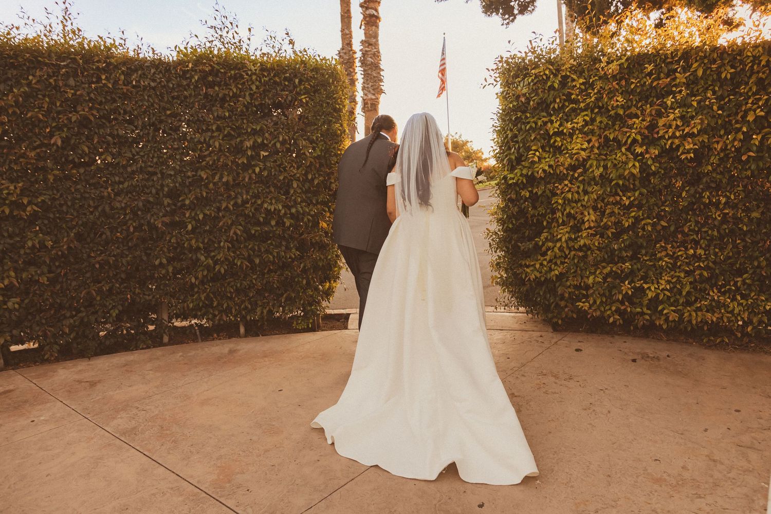 Wedding couple walks toward palm trees during golden hour with hedges on both sides.