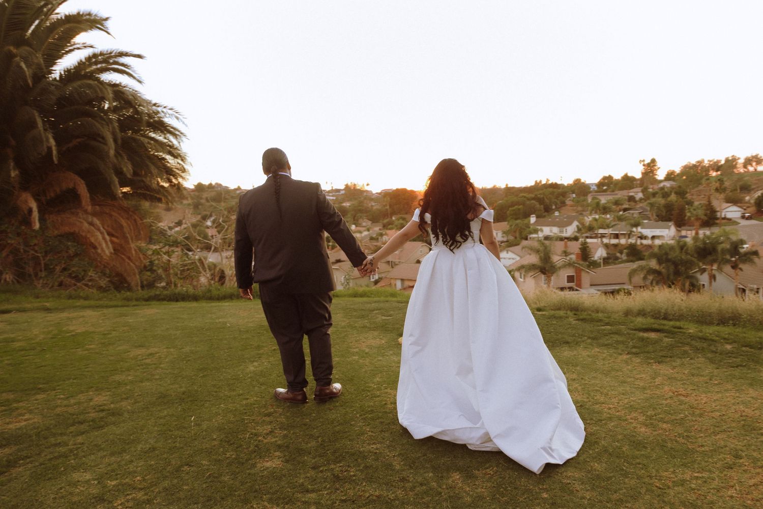Wedding couple walking on grassy hill with palm trees during golden hour.
