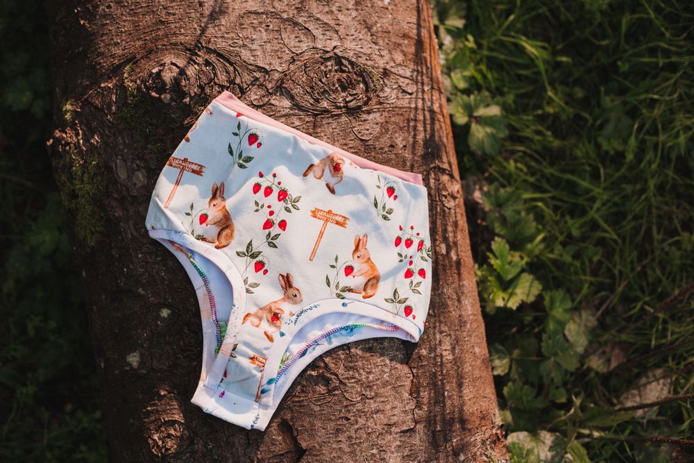 Underwear with whimsical patterns displayed on a tree trunk in a natural outdoor setting.