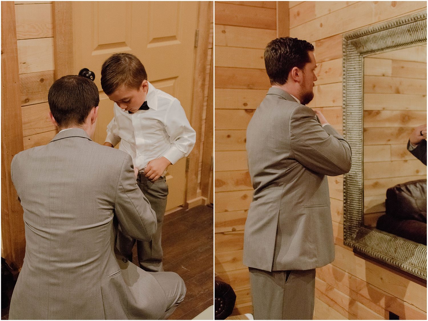Wedding party members help with final attire adjustments in wood-paneled room.