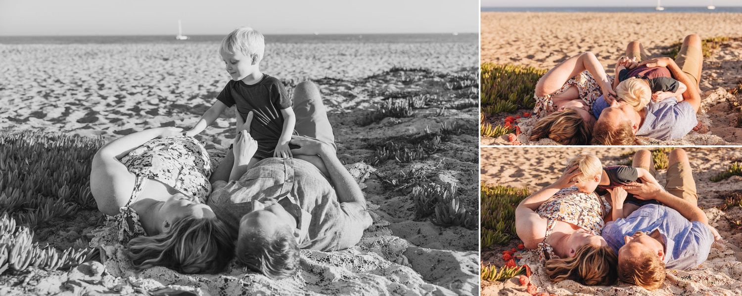 Candid beach photography session with natural sunlight and sweeping coastal views.