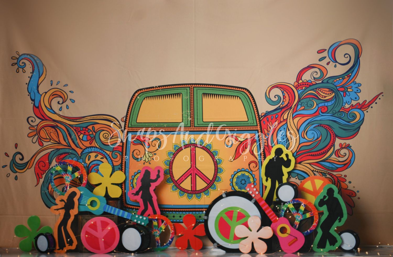 Colorful peace sign and hippie-themed backdrop with psychedelic swirls and flowers.