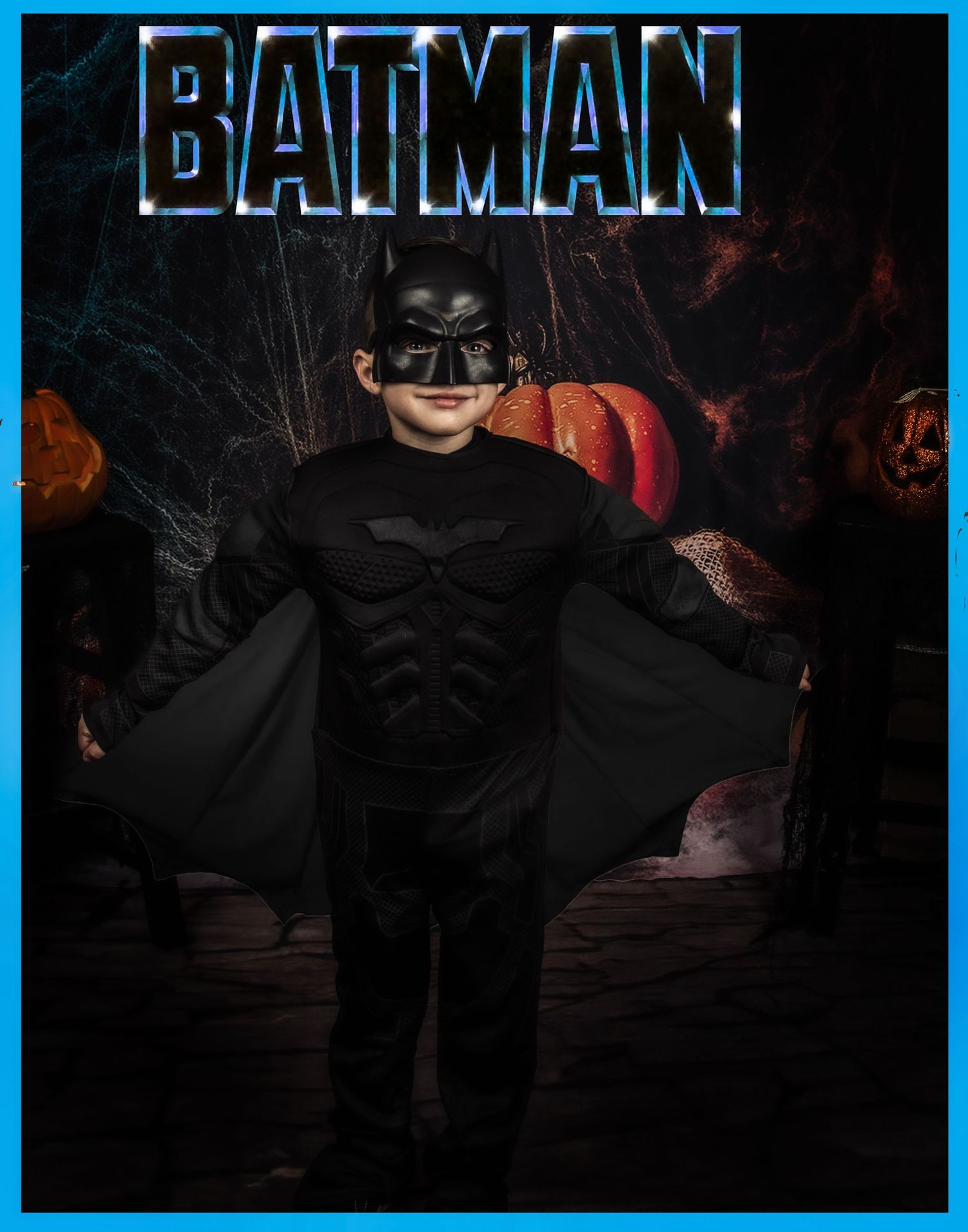 Dark Batman costume scene with dramatic lighting and Halloween decorations.