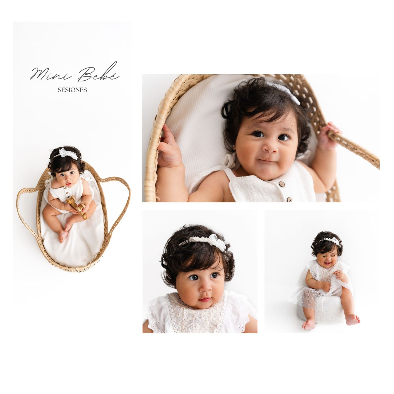 Artistic baby portrait collection in white with woven basket props.
