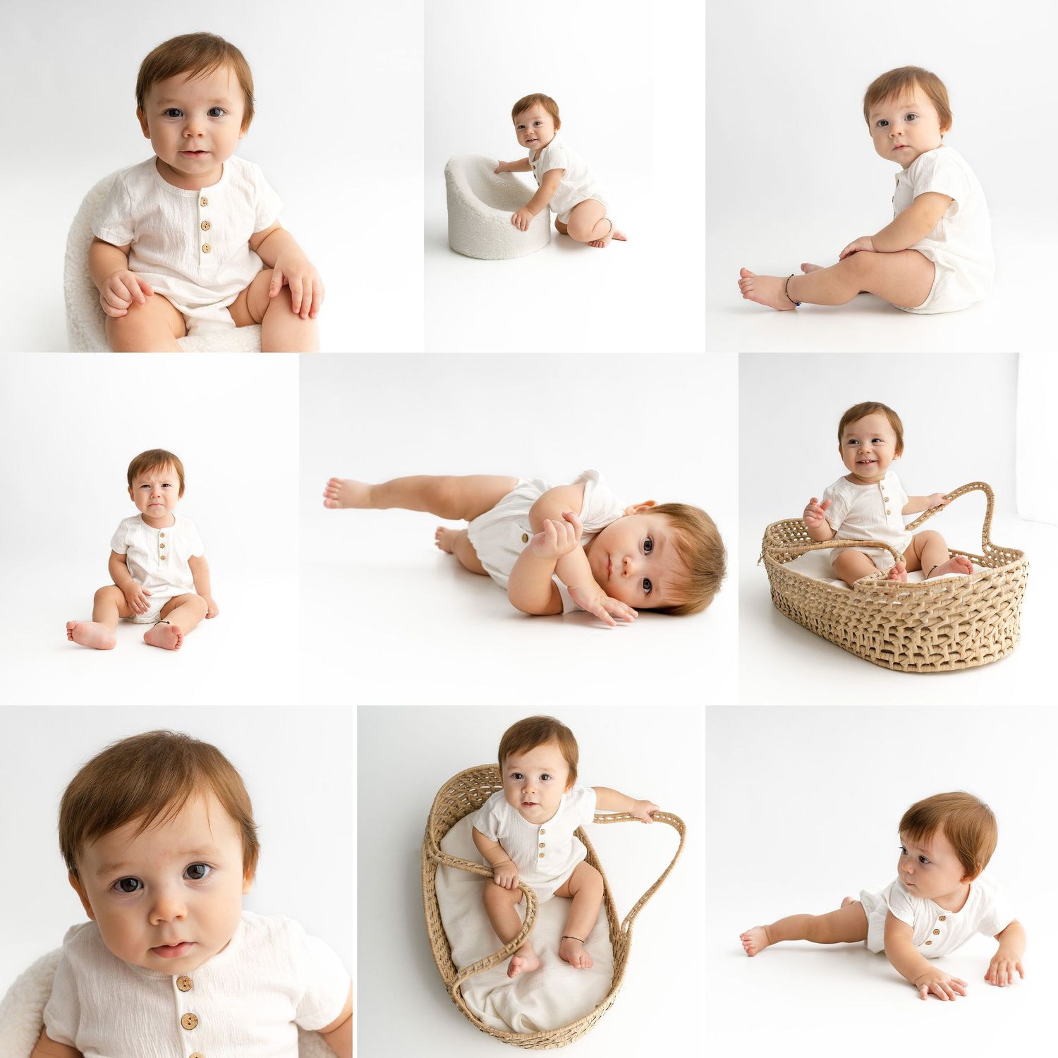 Collection of studio portraits showing baby in white outfit with woven basket props.