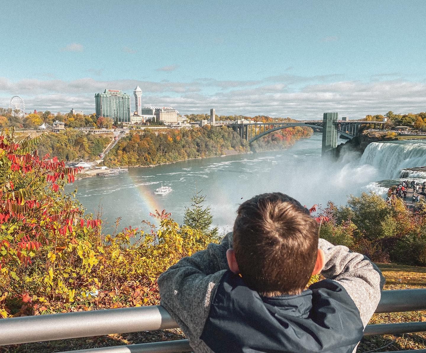 Panoramic views of Niagara Falls and surrounding autumn foliage on a sunny day.