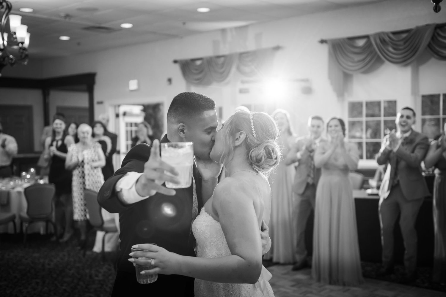 reception, bride & groom, first dance, log cabin, black and white, Lizet Land Photography