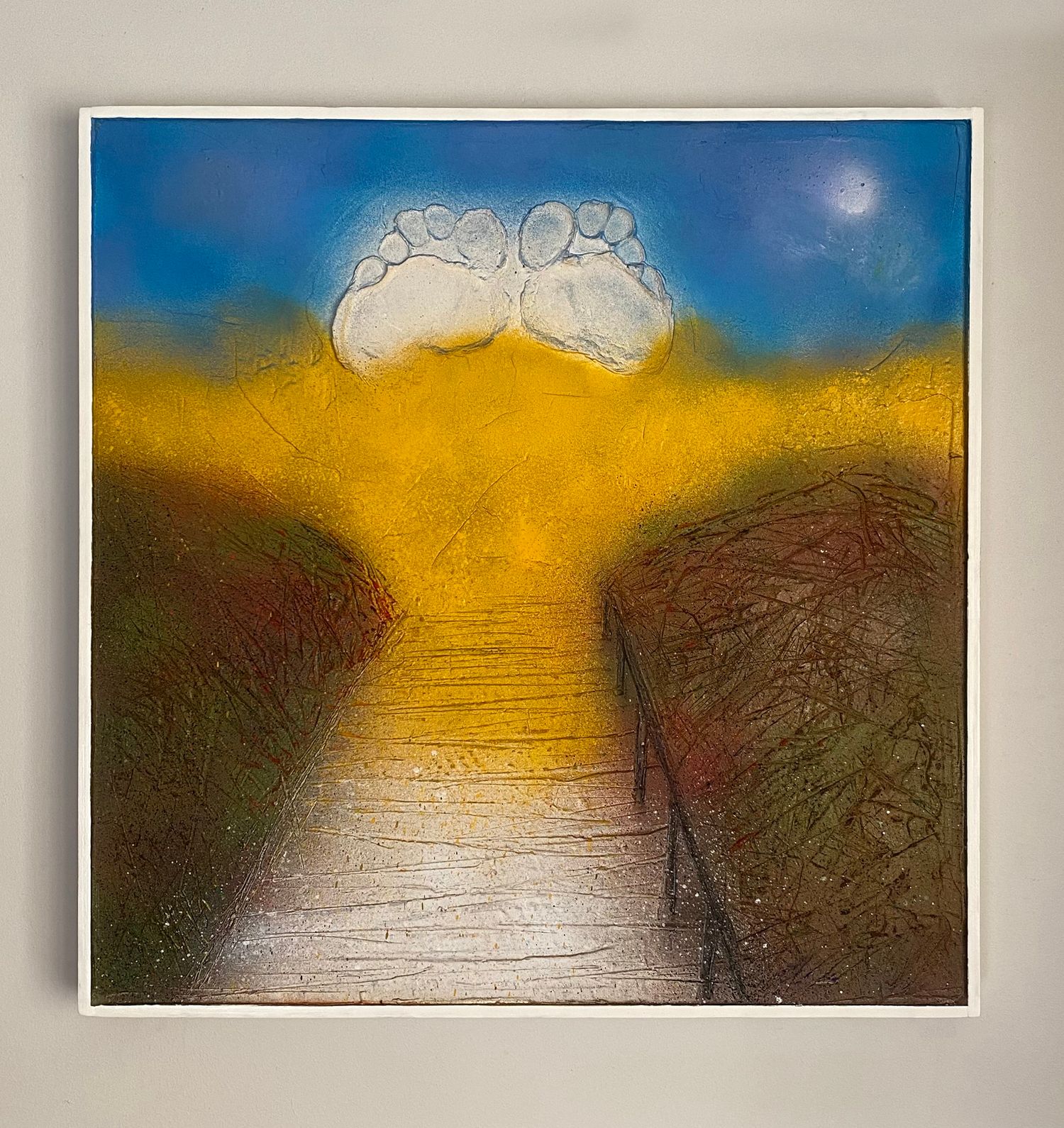 'Dunworly Beach II' mixed media painting on canvas. White toe imprints on the horizon of a beach.
