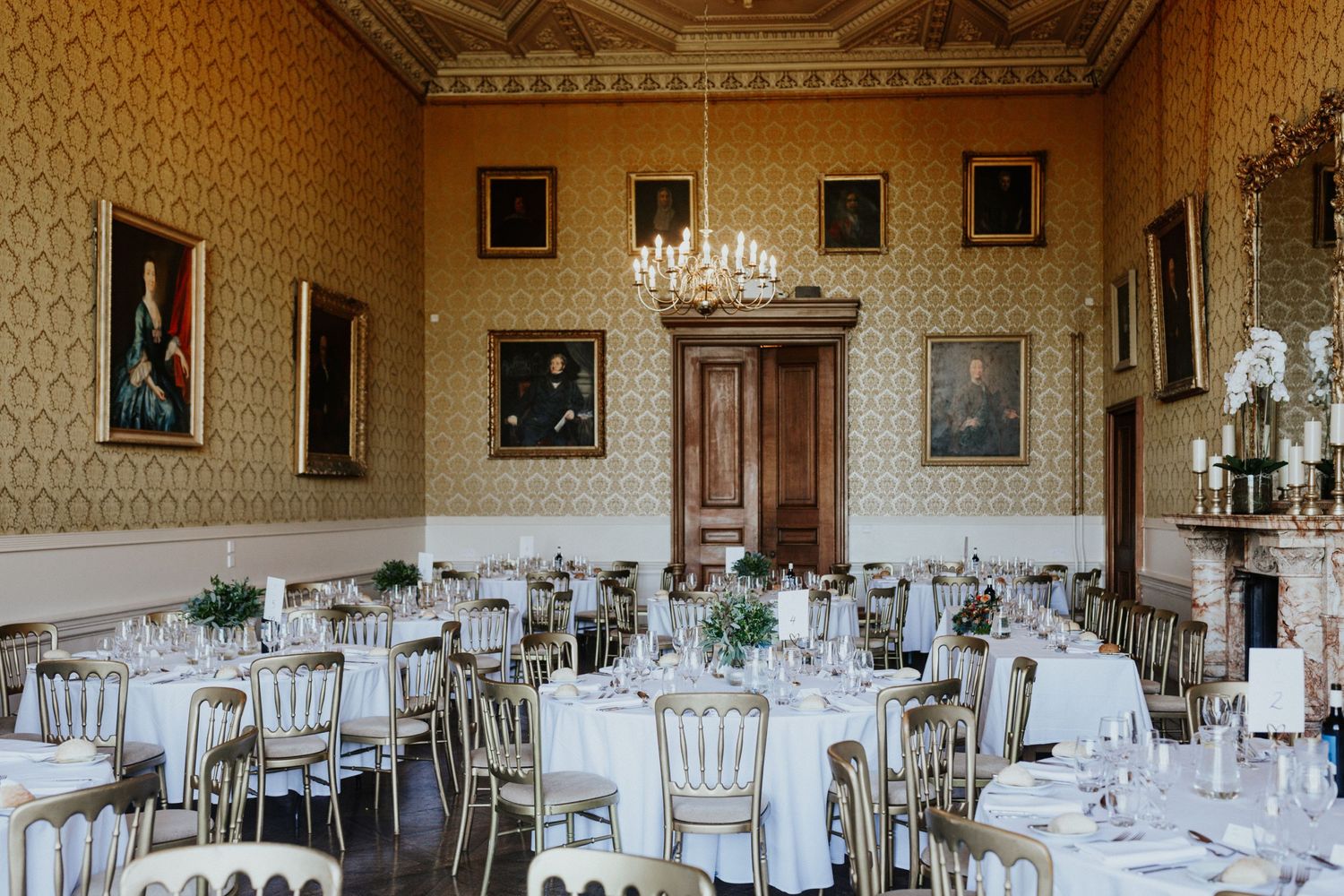 yellow room for wedding breakfast decoration at grittleton house