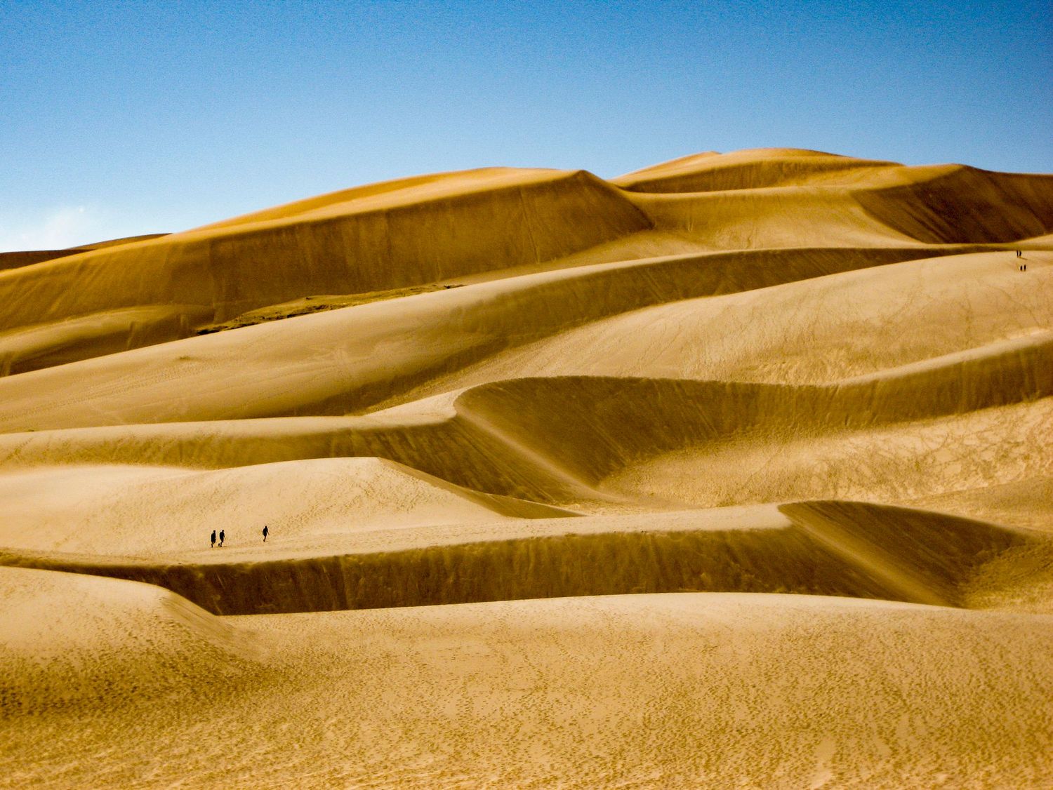 Great Sand Dunes National Park. A group of three hikers are dwarfed by the massive waves of sand. Image: Alex Kent Photo