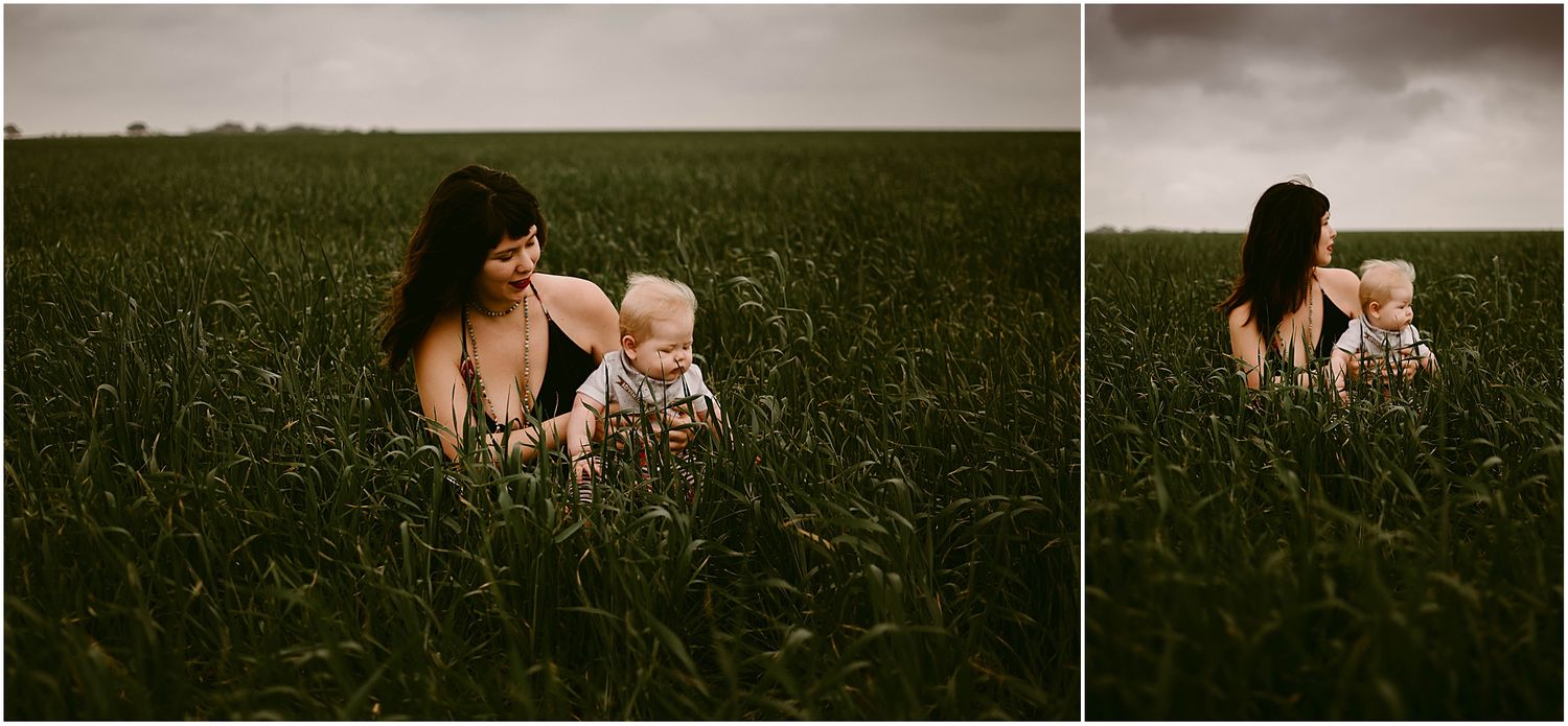 Two artistic shots showing a parent and infant bonding in a grassy meadow.