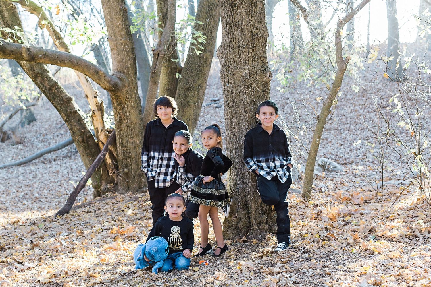 Family group photo session in a rustic wooded setting during autumn.