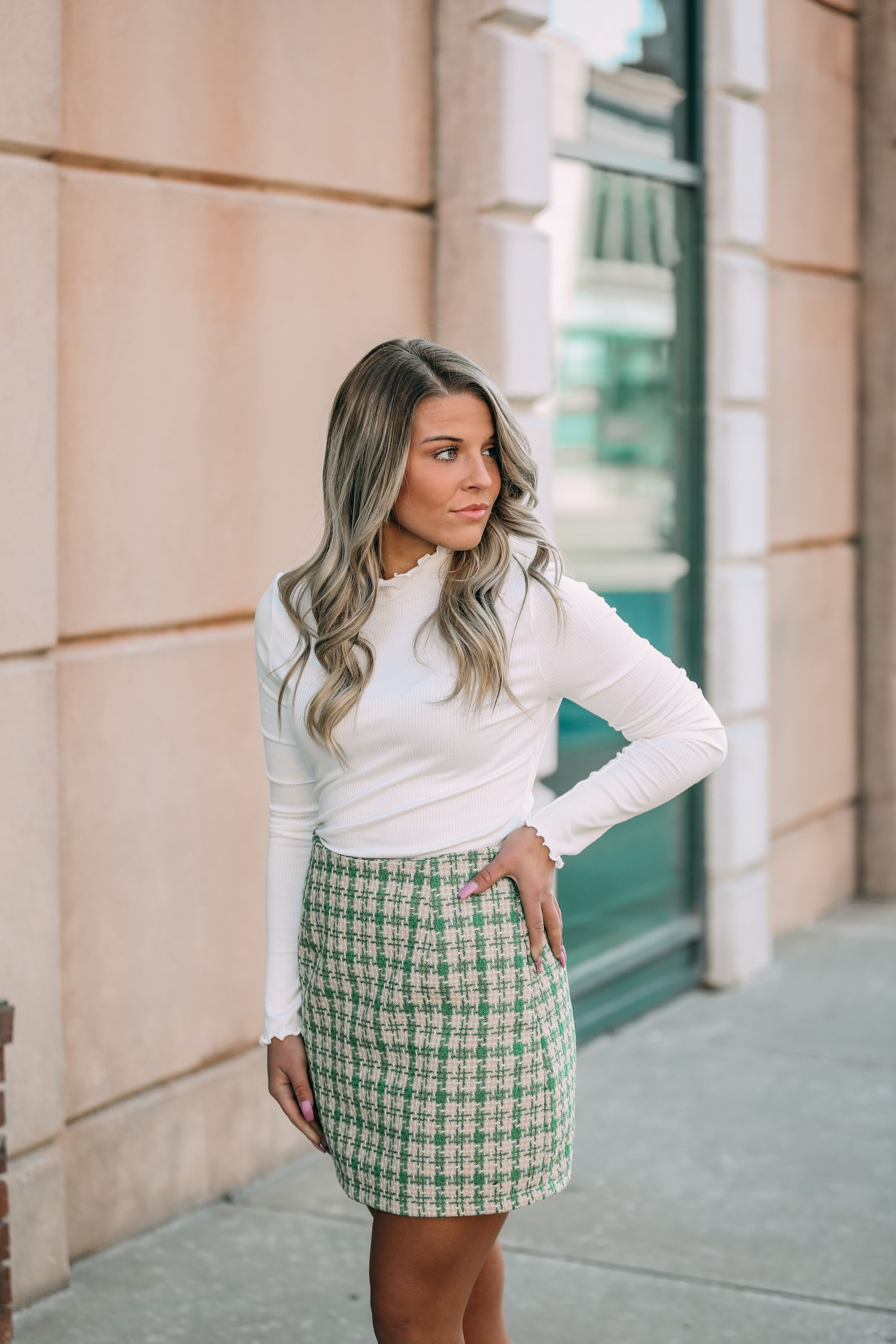 girl in skirt in town