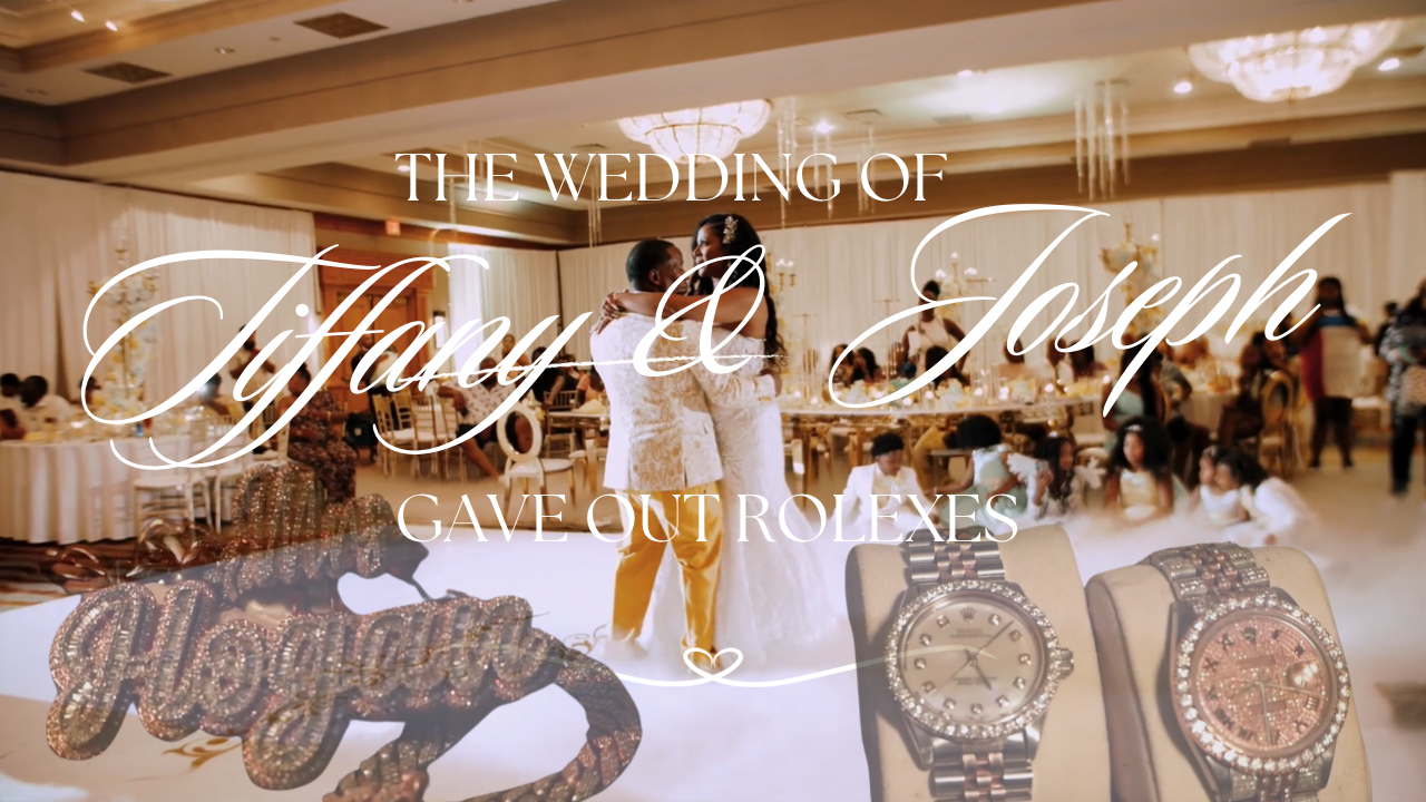Luxury wedding reception scene with elegant calligraphy title and ring detail overlays.