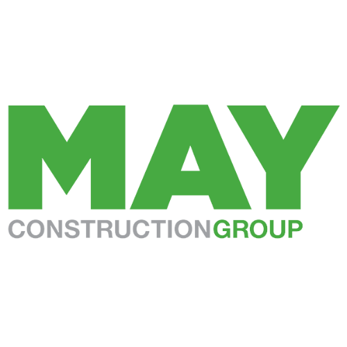 May Construction Group logo in bright green letters on white background.
