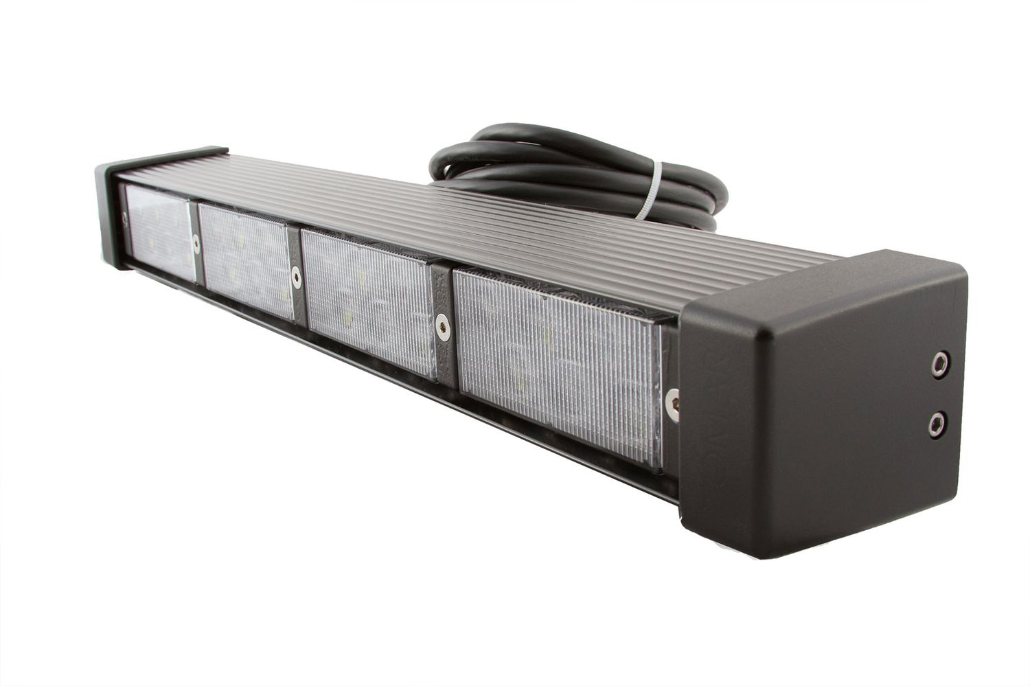 Black rectangular LED light bar fixture with multiple panels and mounting hardware.