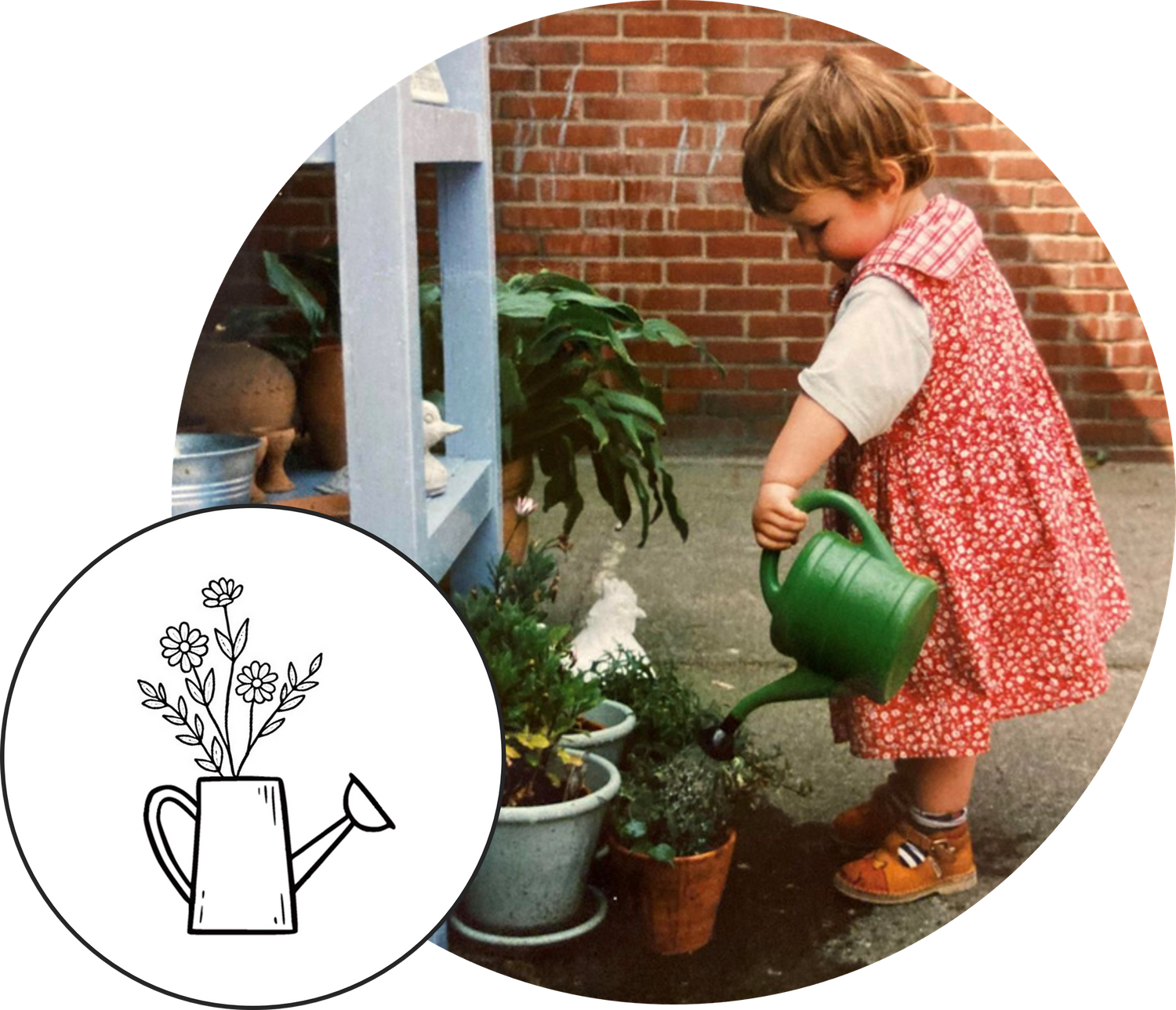 A childhood picture of me watering the plants, and my logo next to it. It has flowers in a watering can.